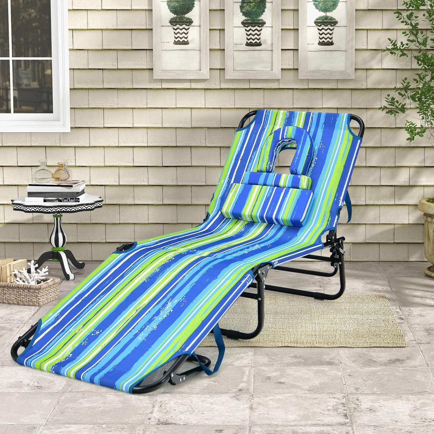 Moccha Folding Chaise Lounge Chair, Outdoor Beach Lounge Chair with Face Hole, 5 Adjustable Positions, 3 Removable Pillow, Portable Face Down Tanning Chair for Poolside, Patio, Lawn (1, Stripe)