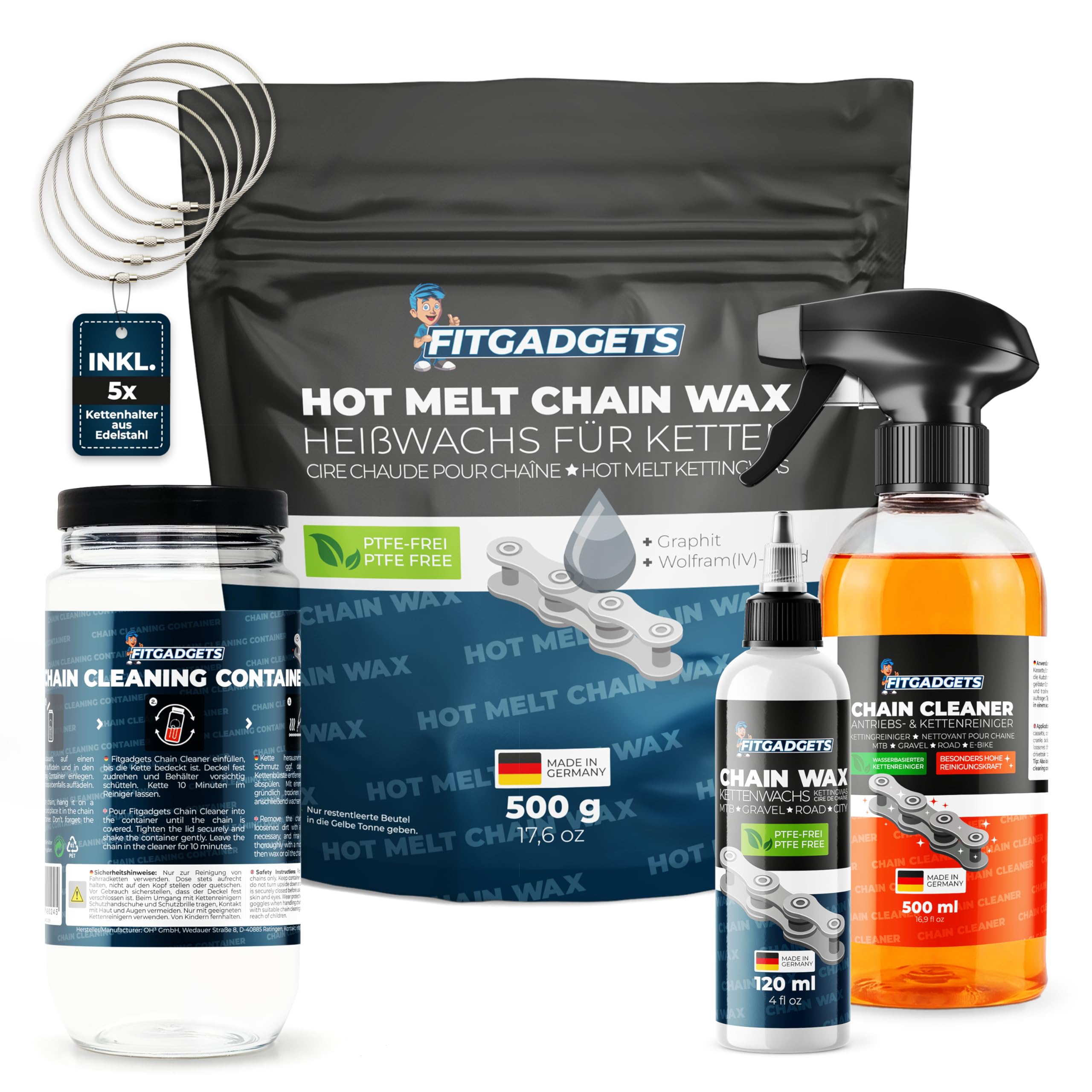 Fitgadgets Chain Wax Complete-Set, Kettenwachs Spar-Komplettset, 500g Heißwachs, 120ml Kettenwachs, 5 Kettenhalter, 500 ml Kettenreiniger & Reinigungsdose für Gravelbike, Rennrad, MTB & E-Bike