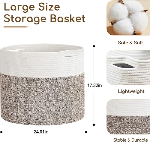 Miniatura 3 de Cesta de cuerda de algodón extragrande de 24 x 24 x 17.3 pulgadas para sala de estar, canasta tejida para ropa sucia para bebé con asas, contenedor