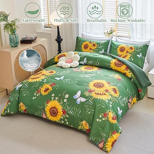 Miniatura 2 de Juego de edredón verde de girasol, juego de ropa de cama de 3 piezas con flores amarillas con plumón alternativo de mariposa, juego de edredón