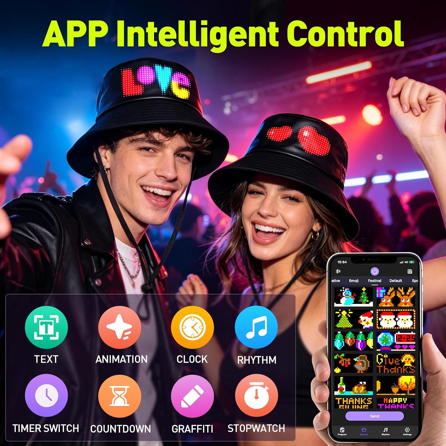 GOTUS Programmable Bucket LED Hat with Bluetooth APP Control, Custom Text, Patterns, Animations, Fisherman Cap for Party, Novelty Gift