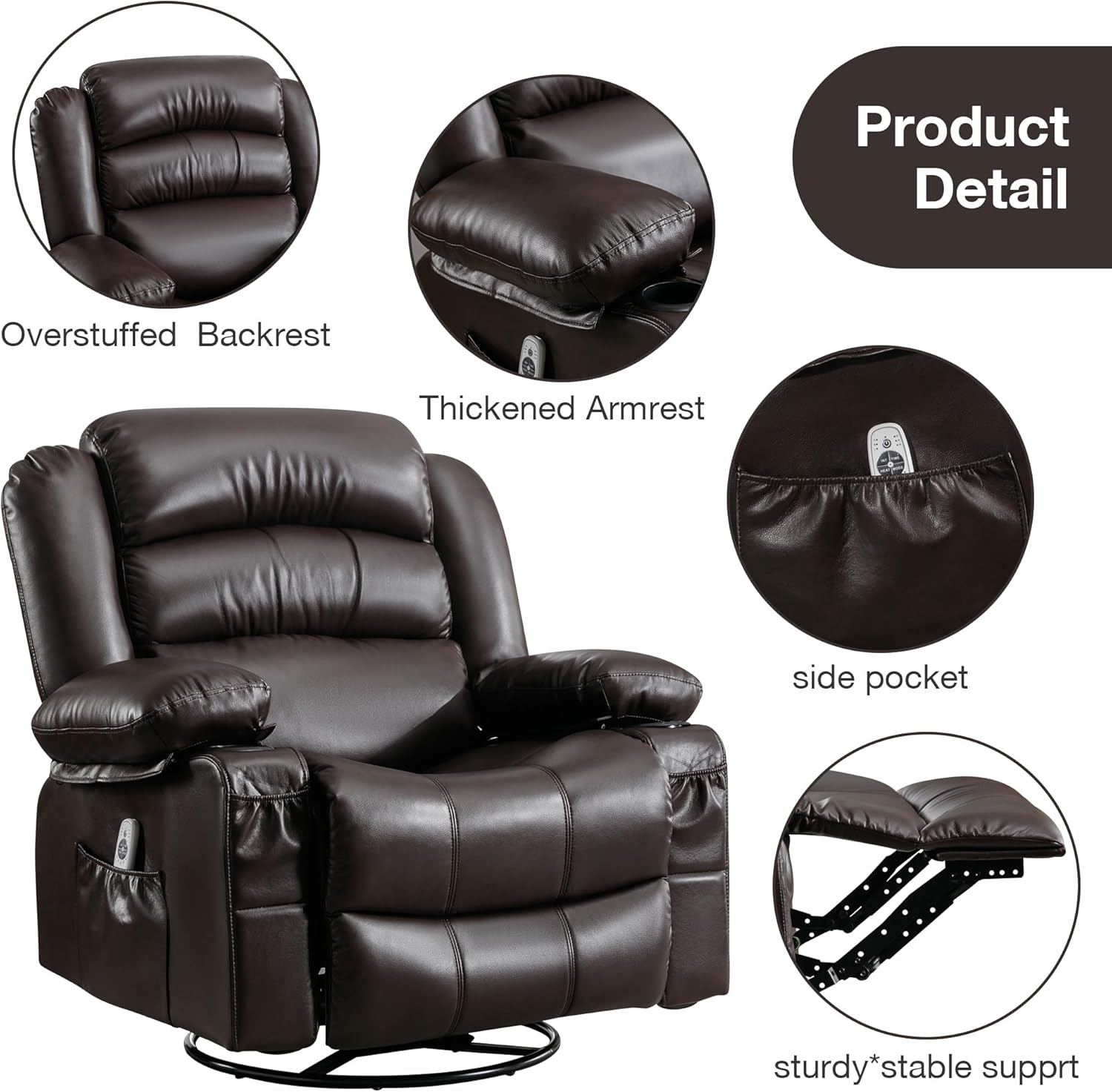 Swivel Rocker Recliner with Massage Ergonomic Lounge Chair for Living Room | Vibration Massage & Heat Therapy | Rocking Function | Side Pocket, 2 Cup Holders & USB Charging Port