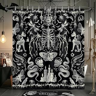 Bonhause Duschvorhang Schwarz Totenkopf Gothic Skull Vintage Duschvorhänge 180 x 180 cm Anti-Schimmel Wasserdicht Polyester Stoff Waschbar Bad Vorhäng für Badzimmer mit 12 Haken