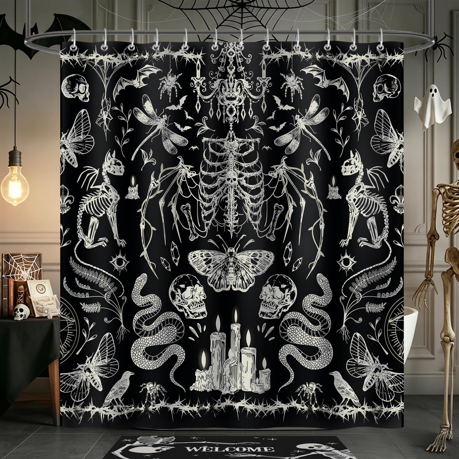 Bonhause Black Goth Skull Shower Curtain, Scary Spooky Gothic Retro Bathroom Curtain 180 x 180 cm Waterproof Mildew and Mould Resistant Polyester Fabric Bath Curtain with 12 Hooks
