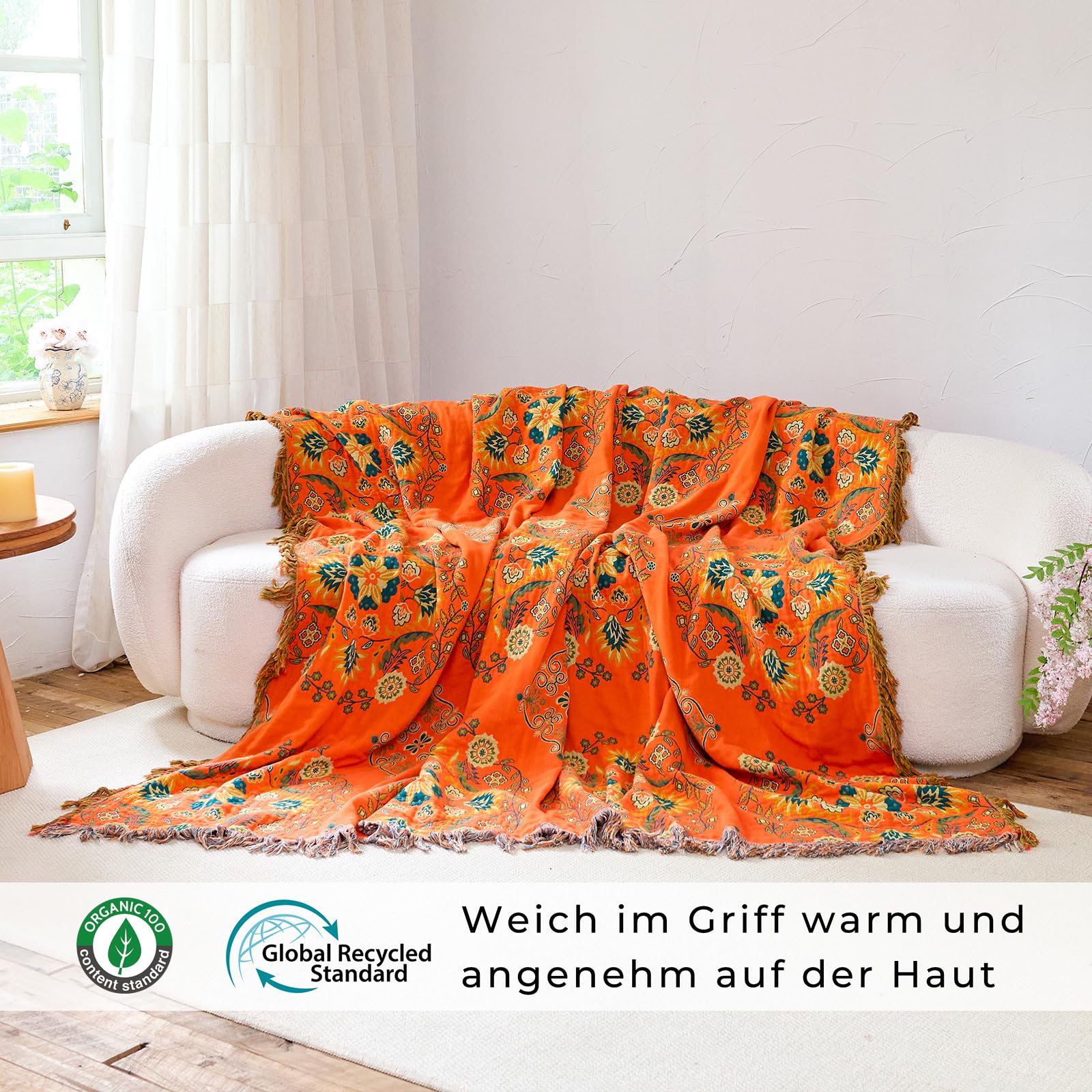 HOORDRY Colcha de algodón, manta para sofá con estampado, 150 x 200 cm, de doble cara, estilo bohemio, reversible, para ver la televisión o en la silla, cama individual