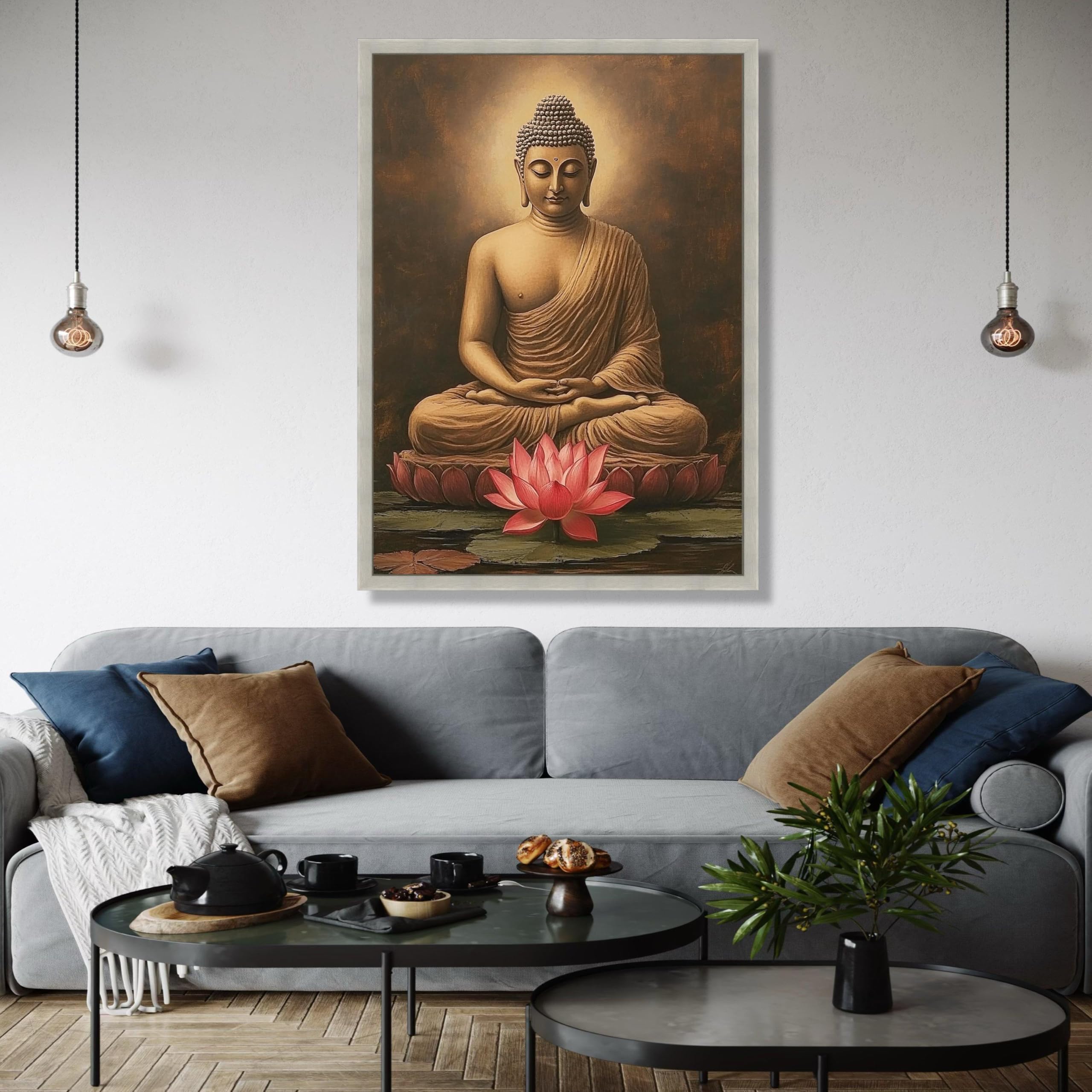 Tela raffigurante Buddha seduto in meditazione, decorazione murale con fiore di loto, arredamento spirituale per la casa, dipinto di una statua di Buddha tranquilla, stampe (70x100 cm/cornice interna)