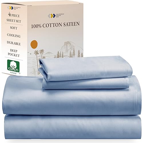 Natural 100% Cotton Sheets Full Size Bed Set with Deep Pockets - Soft Sateen Weave, Durable and Cooling Full Size Bed Sheets by California Design Den (Blue Hydrangea)