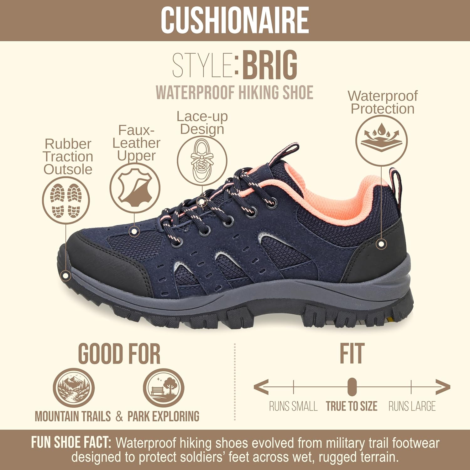 CUSHIONAIRE Brig Womens Hiking Shoes, Supportive Trail Shoes for Women with Waterproof Protection and Arch Support