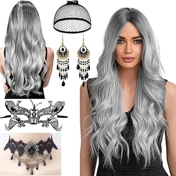 Long Grey Wig for Women 68 cm Synthetic Fibres Long Hair Wig with Hair Net for Halloween Costume Women Cosplay Masquerade Carnival Christmas Fancy Dress Grey