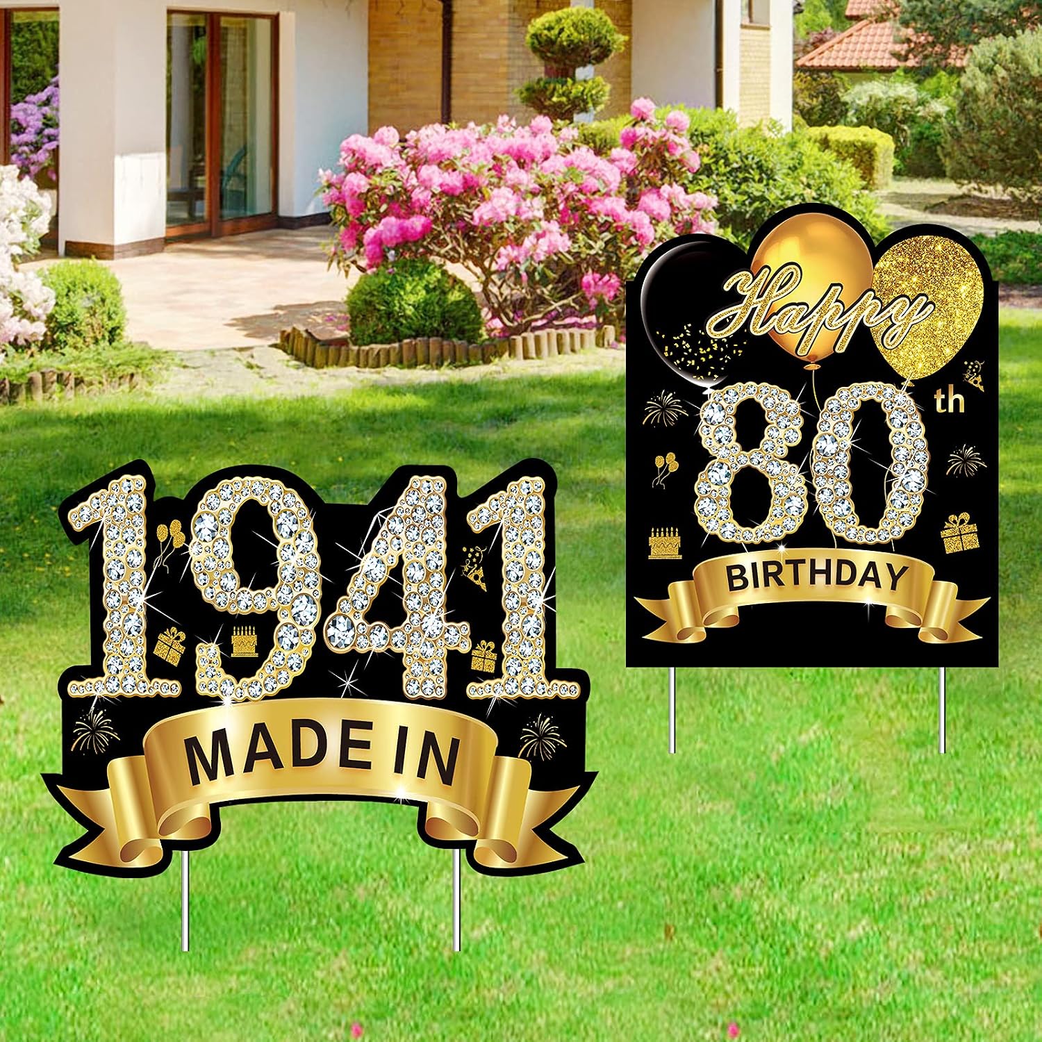 2Pcs 80th Birthday Party Decorations, Happy 80th Birthday Yard Sign Made in 1941 Party Outdoor Lawn Sign Supplies for Women & Men, Black Gold 80 Year Old Yard Decor with Stakes