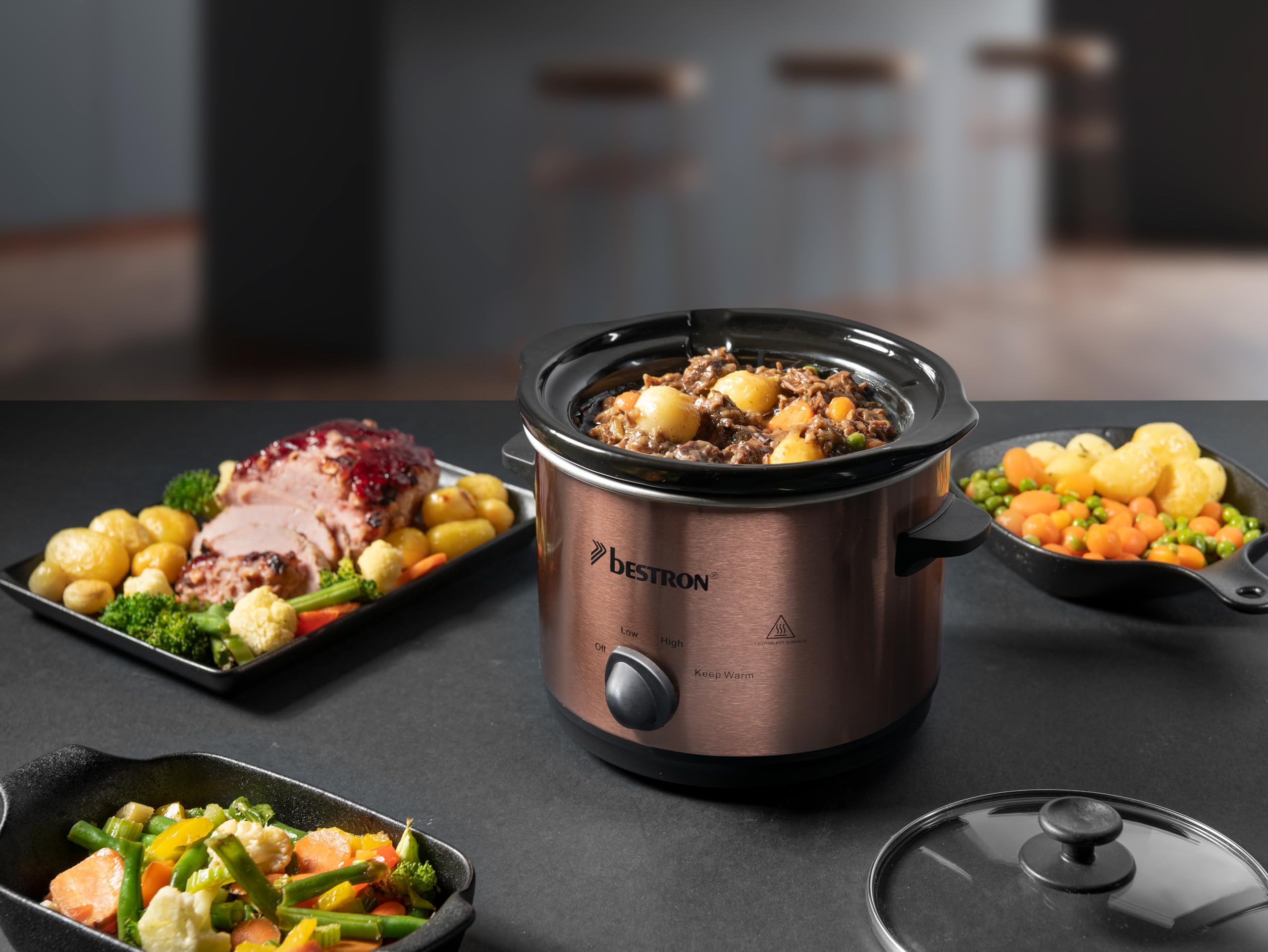 Bestron Slowcooker voor 4 personen, met keramische pan en glazen deksel, 3-traps thermostaat, ideaal voor vele gerechten zoals vlees, soepen en groenten, 3,5 liter, kleur: zilver