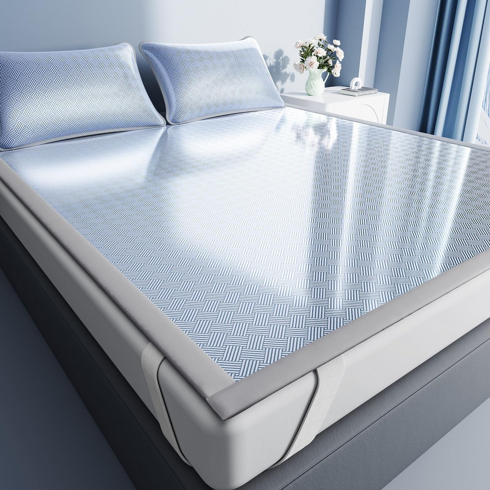 AVSMGP ,G,150×200cm/59.1×78.7", Ice Silk Cooling Mattress Pad with Pillowcases, Summer Sleeping Mat Foldable- Honeycomb Breathable Quick Cooling Design for Home, Dormitory & Hot Sleeper