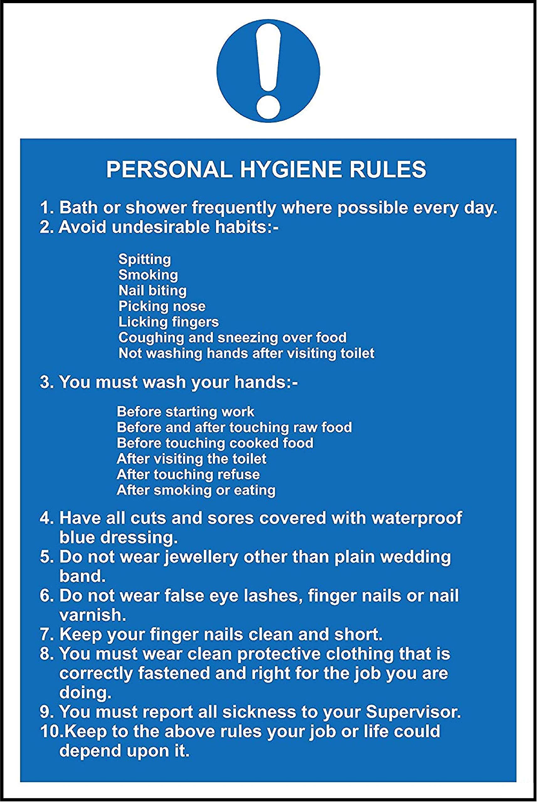 Personal hygiene rules Hygiene catering safety signs - 1.2mm Rigid plastic 300mm x 200mm