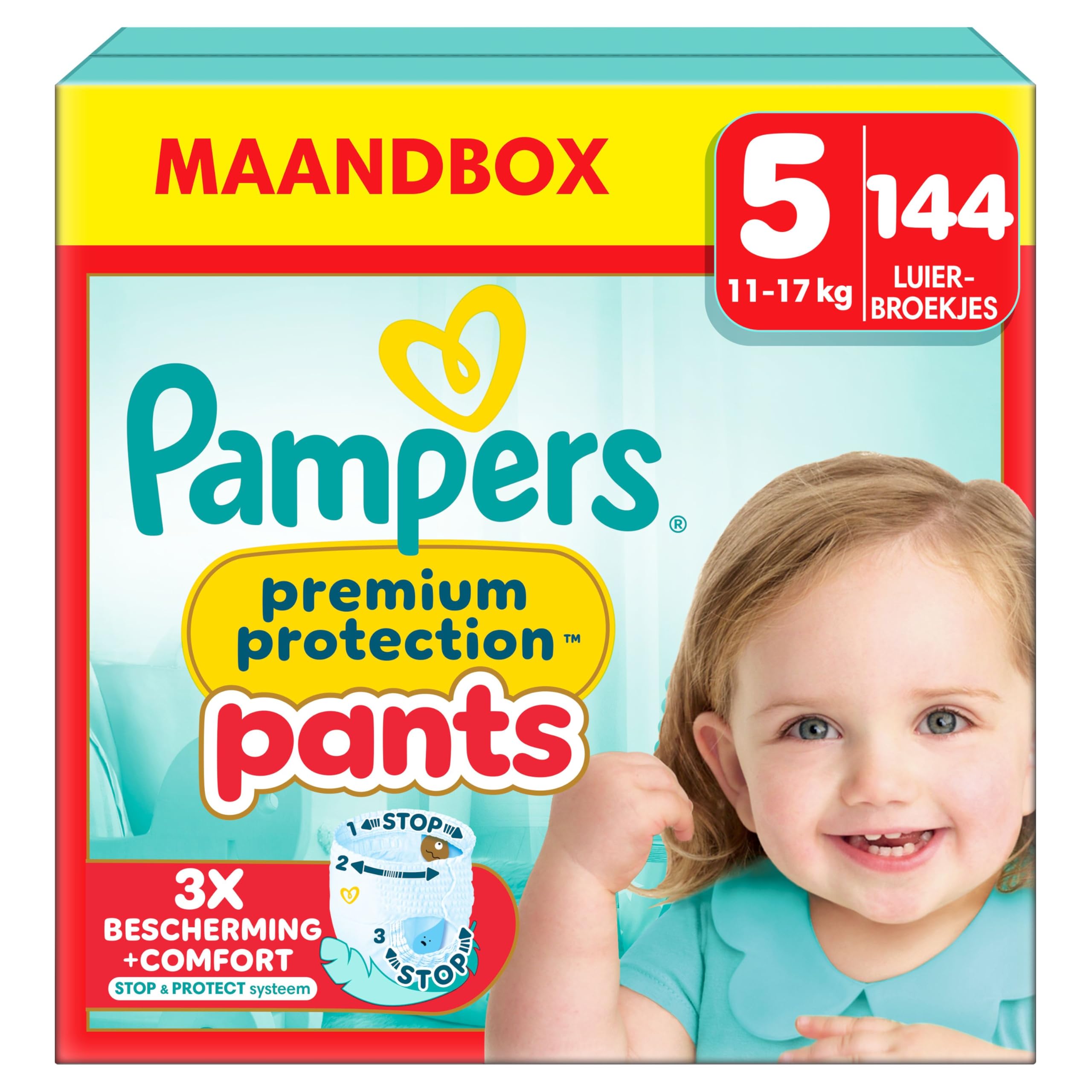 Pampers Premium Protection Pants Maat 5, 144 Luierbroekjes, 11kg-17kg, Met een 360° Pasvorm en 2x bredere zachte beschermrandjes vs. voorheen voor Ons Beste Comfort en Bescherming
