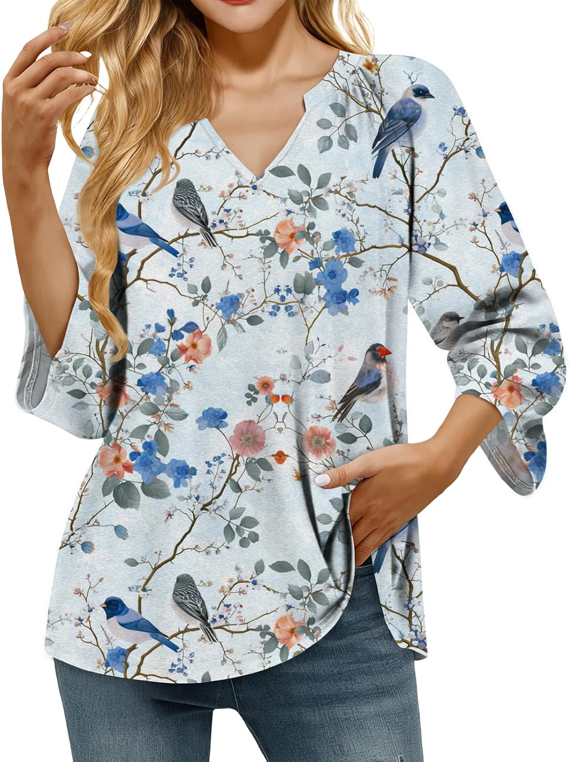 MARSVOVO Casual Tunic Tops for Women Loose Dressy 3/4 Sleeve V Neck Boho Shirts Travel Office Summer Top
