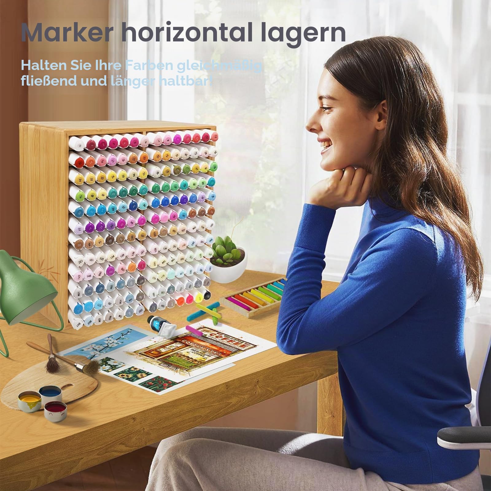 Marker-Organizer für 168 Marker, Bambus-Holz, Schreibtisch-Organizer, Regal, Marker, Stifte, Bleistifte, Kunstpinsel, Aufbewahrungshalter für Zuhause, Klassenzimmer, Büro, Dekoration