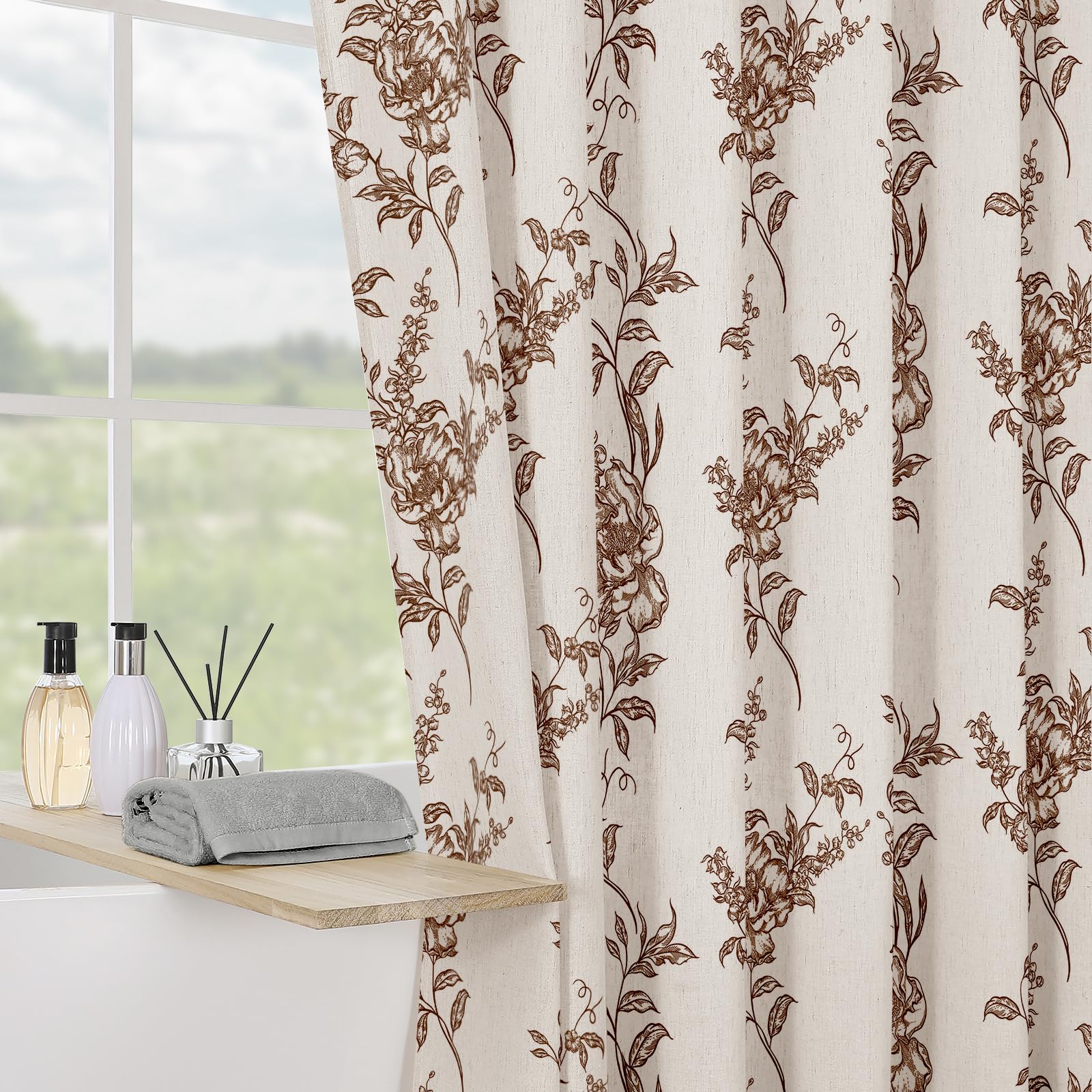 Craidlela Brown Linen Farmhouse Shower Curtain, Vintage Boho Floral Bathroom 72x84