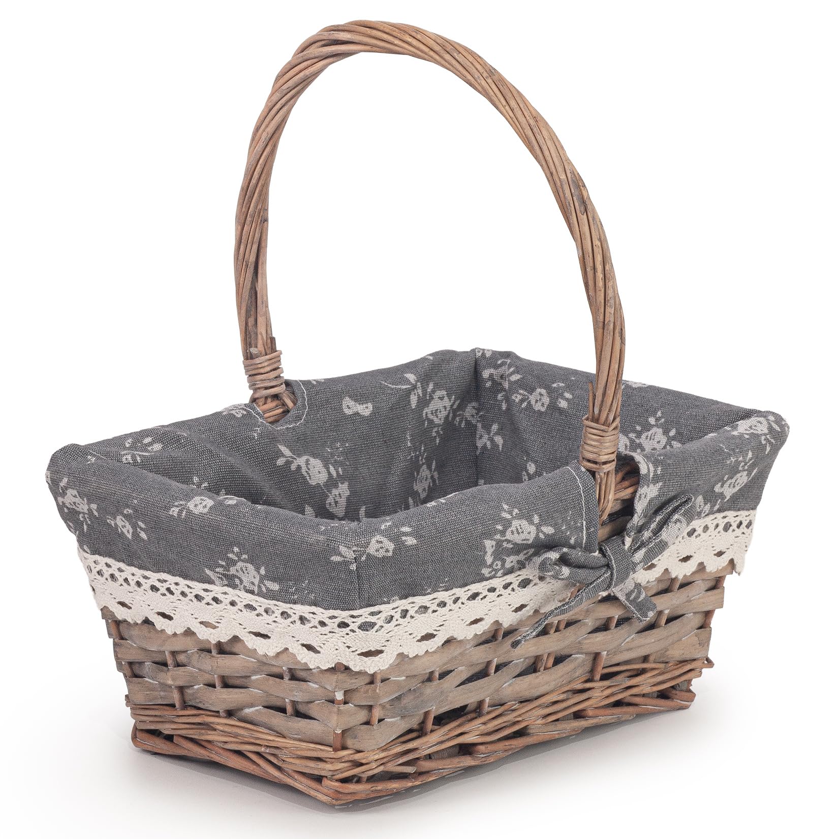 Woodluv Grey Vintage Rectangle Wicker Hamper Storage Basket With Long Handle,
