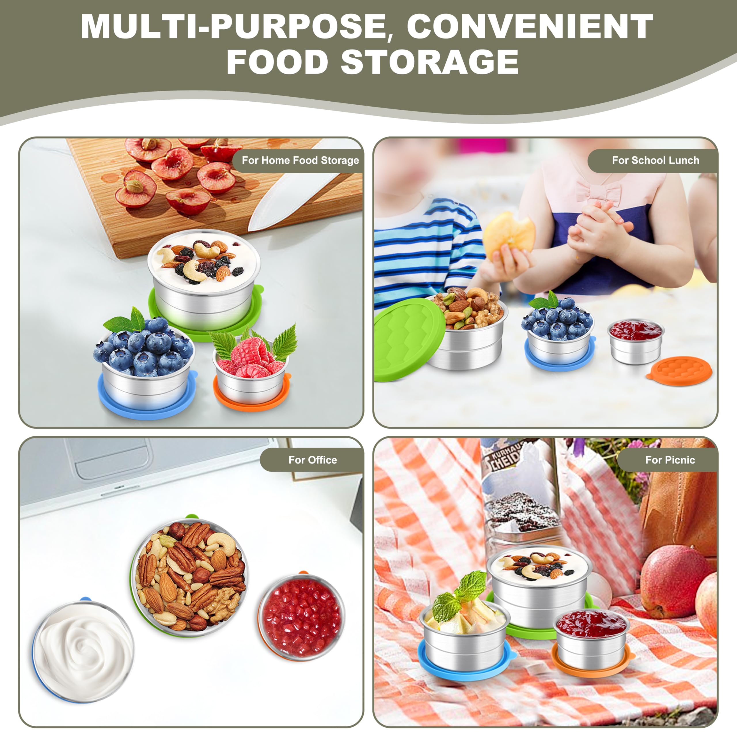 HaWare Edelstahl-Frischhaltedosen mit Silikondeckel, auslaufsicherer Metall-Snackbehälter, runde Lunchbox für Kinder und Erwachsene, stapelbare und wiederverwendbare Mahlzeiten-Vorbereitungsbehälter