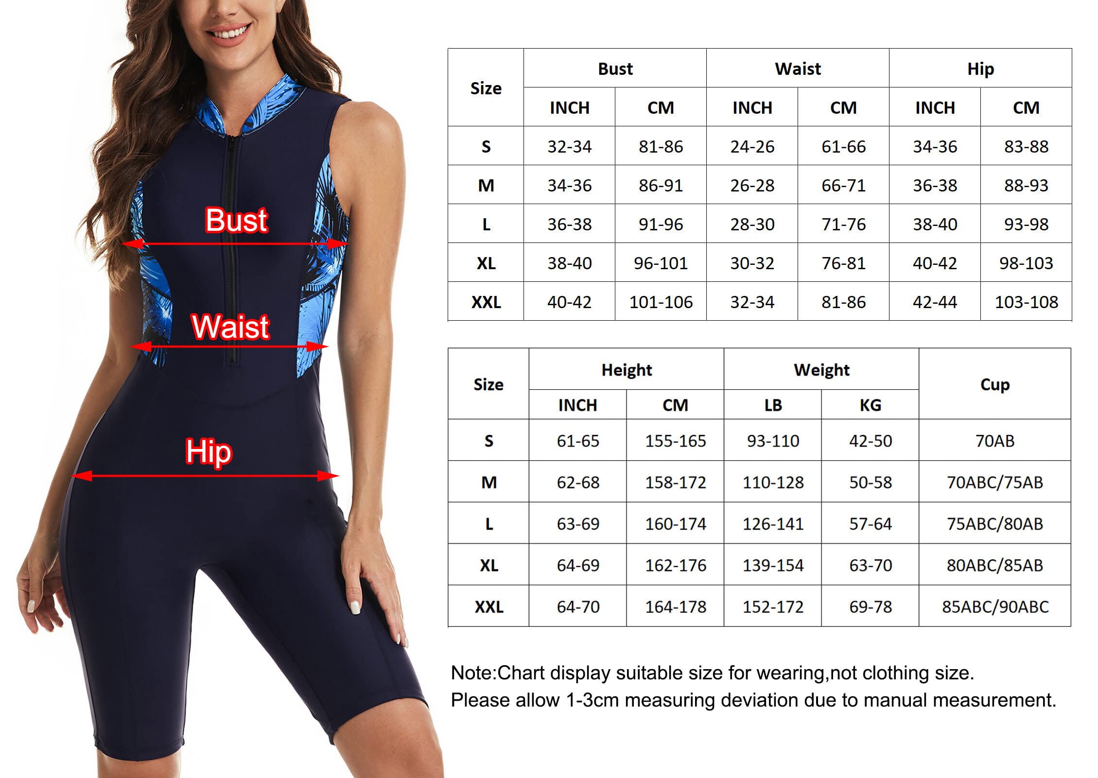 SEAUR Costume da Bagno Monopezzo da Surf da Donna con Protezione Solare, con Cerniera Nteriore e Cuscino sul Petto