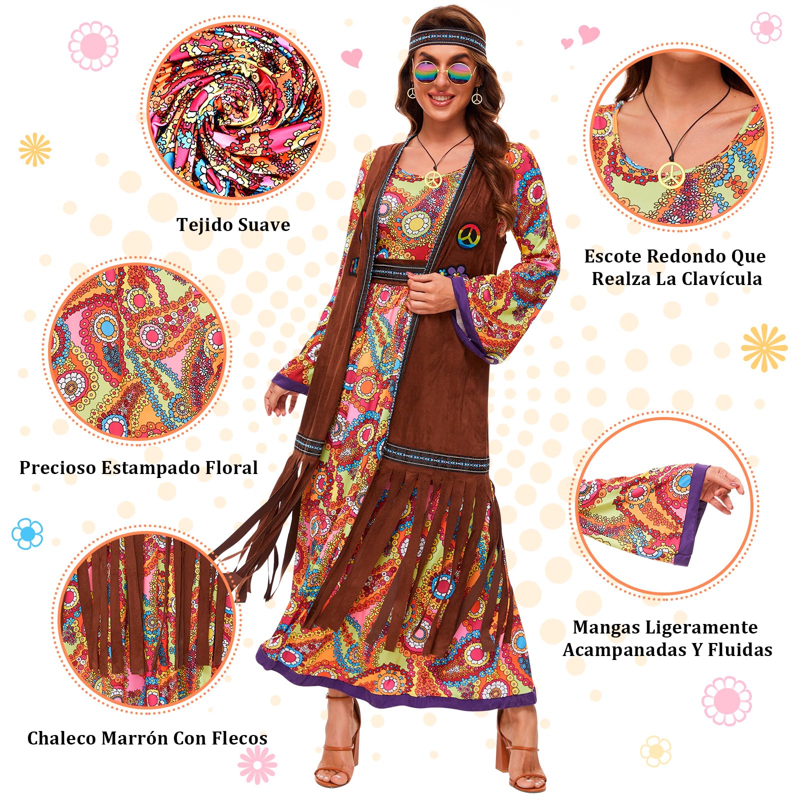 JONRRYIN Disfraz Hippie Mujer, Ropa De Los 70 Mujeres, 6 Piezas de Disfraz Hippie de los Años 60 para Mujer, Chaleco con Flecos, Pendientes, Diadema, Collar, Gafas de Sol