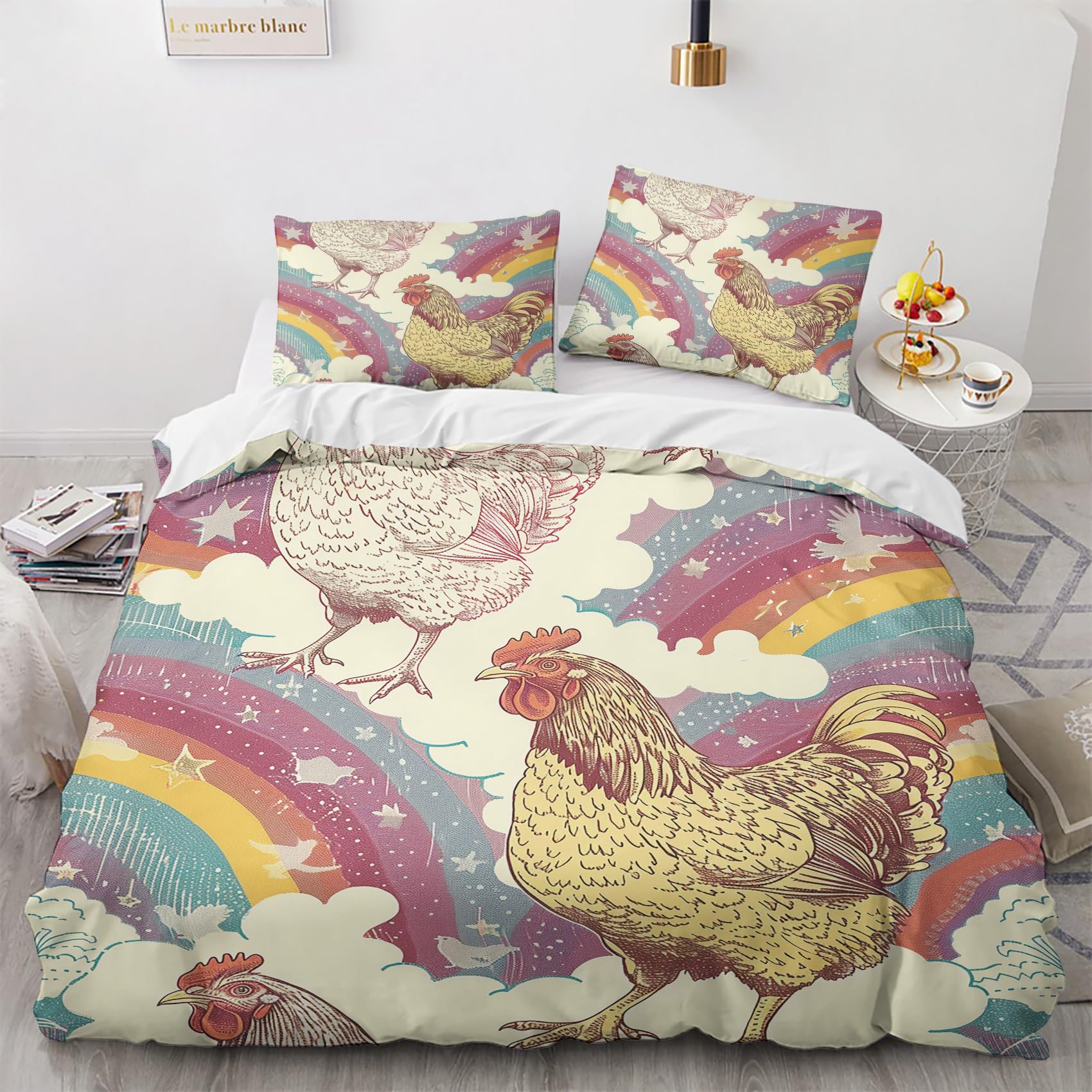 Parures de lit 200x200 adulte douce et confortable avec impression 3D coq arc-en-ciel résistante