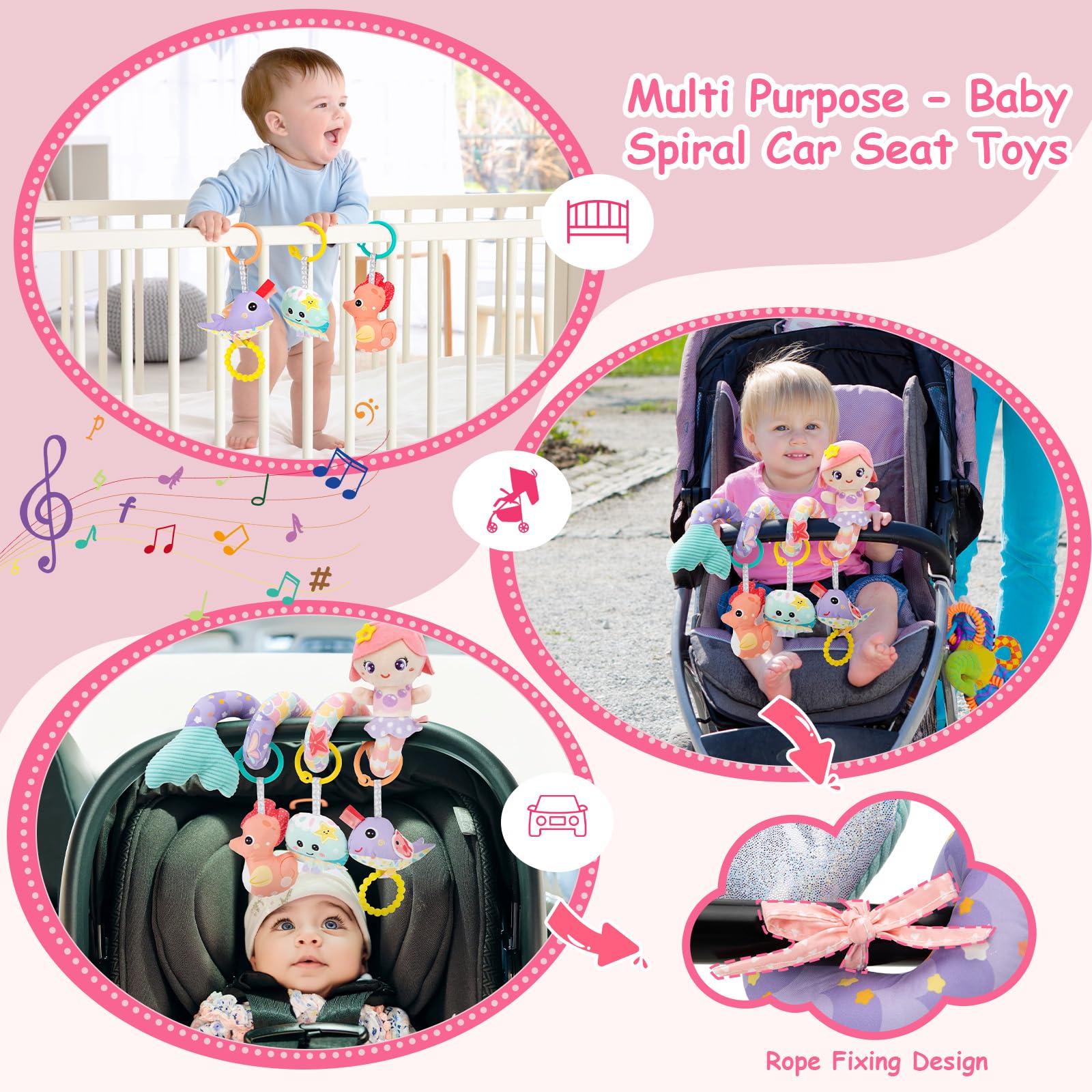 Funsland Giocattolo a Spirale Passeggino Neonato - Giochi Passeggino Neonati Regalo per 0 3 6 Mesi Ragazze, Peluche Giocattolo a Spirale con Musica per Culla Neonato/Seggiolino Auto, Rosa