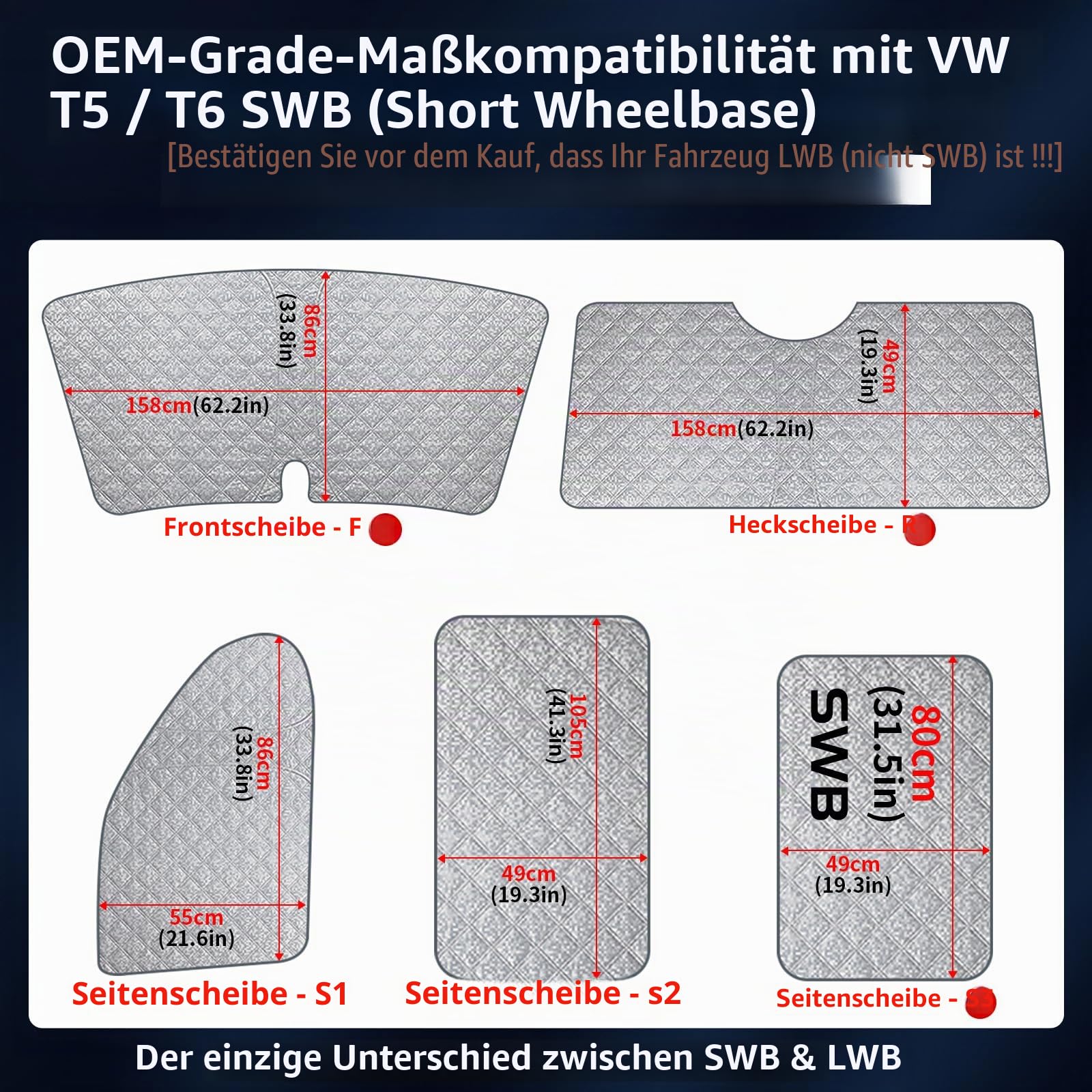 8-teiliges Set Innen Thermomatte Fahrerhaus Passend für VW T5/T6 SWB (Kurzer Radstand), Mehrschichtiger, Reißfester Sonnenschutz, Einfache Montage, Vielseitig Nutzbar,Mit Aufbewahrungstasche