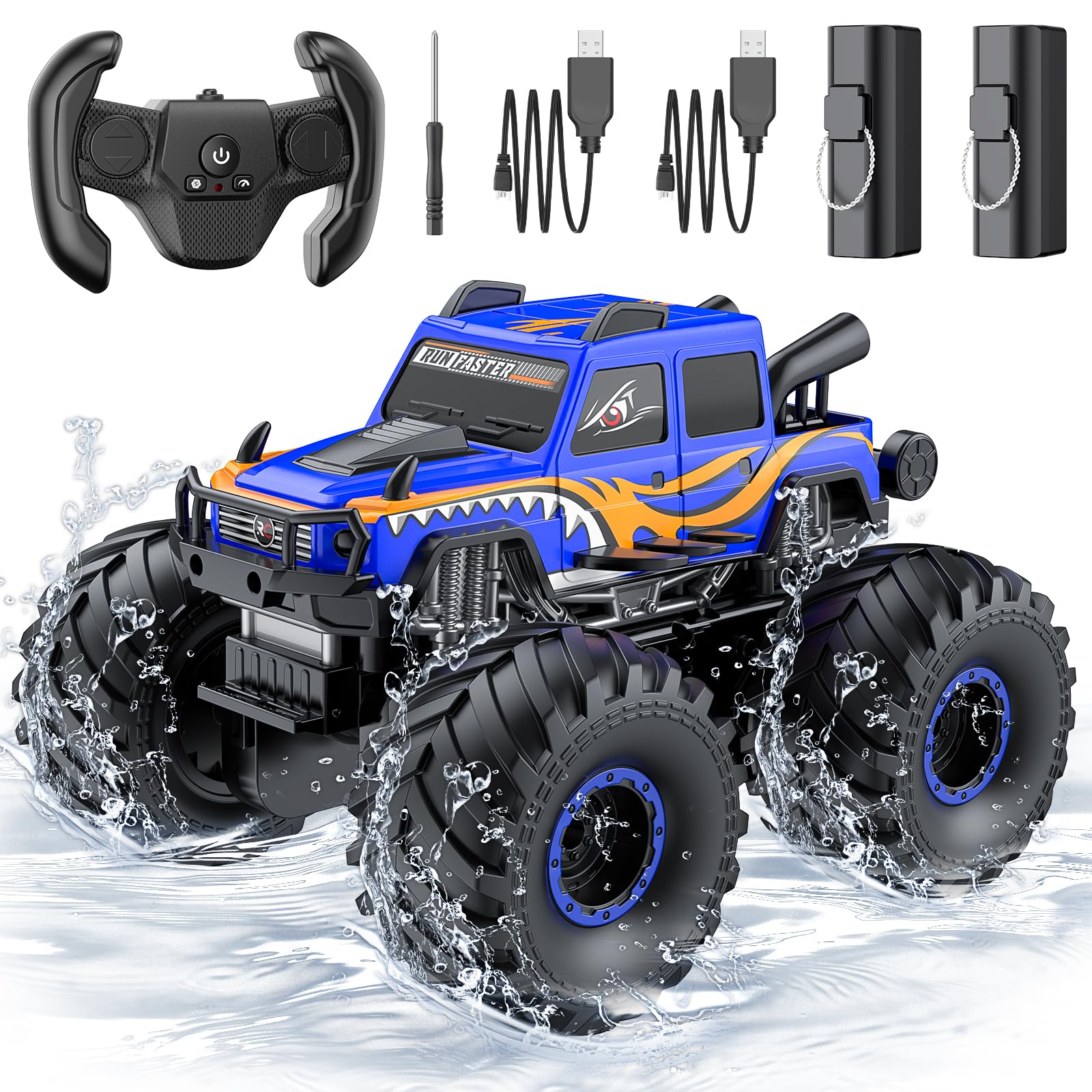 WayEee Remote Control Car Toys for Kids 6+, RC Car Waterproof Monster Truck Toys, Amphibious 4X4 Pickup, All Terrain Off-Road Vehicles, 2.4GHz Remote Control, 1/18 Scale RC Truck Boys Gifts/Blue