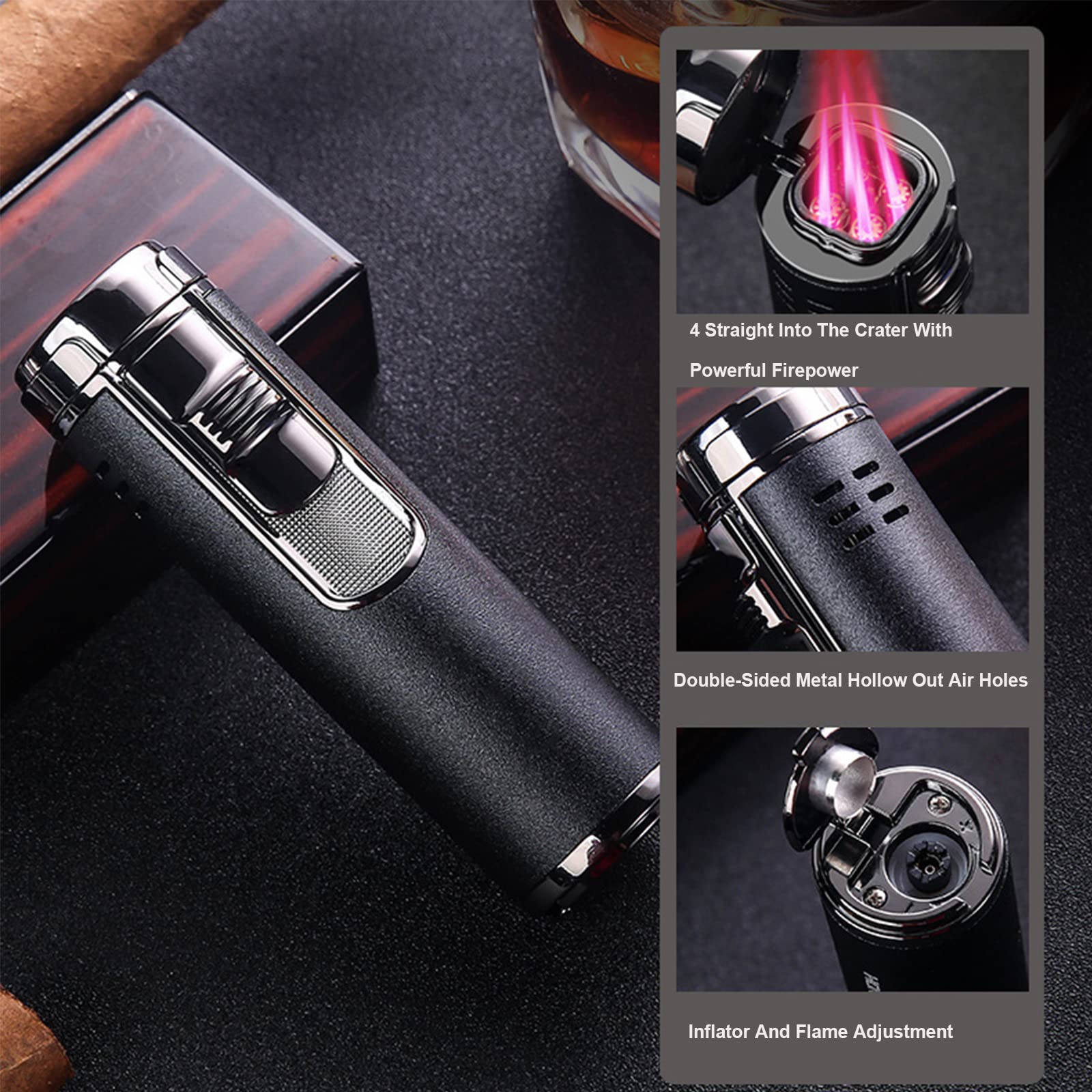 Generic Briquet Gonflable en Métal Cylindrique 4 Jet Flamme Rouge Rechargeable Butane Briquet Cigarette Allume-Cigare Accessoires Fumeurs pour Hommes,Silver