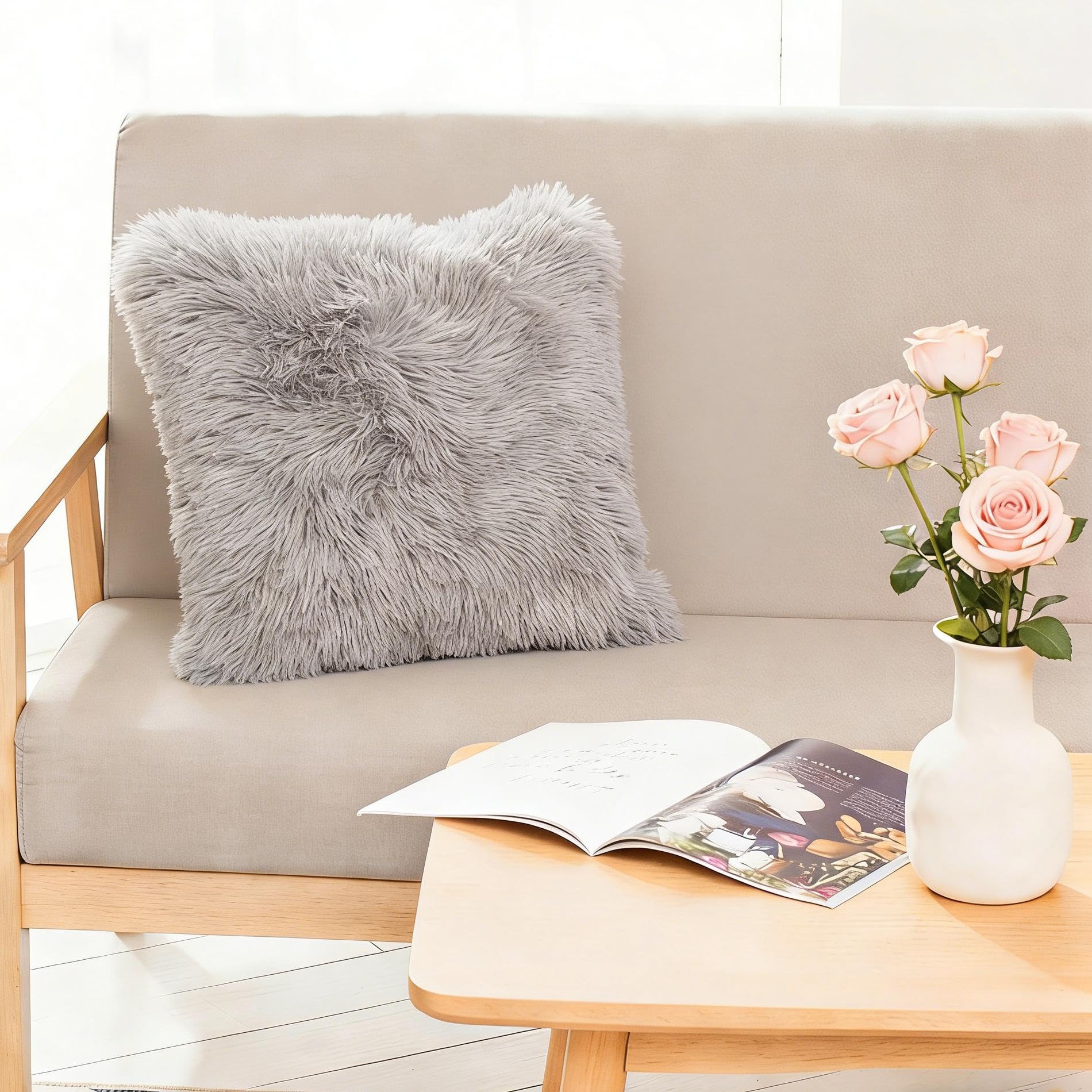 CROS 50 Pack Soft Faux Fur Pillow Covers, Plush Shaggy Decorative Throw Pillowcases, Cozy Luxury Cushion Covers for Sofa, Bedroom, Living Room, Grey, 20x20 Inches