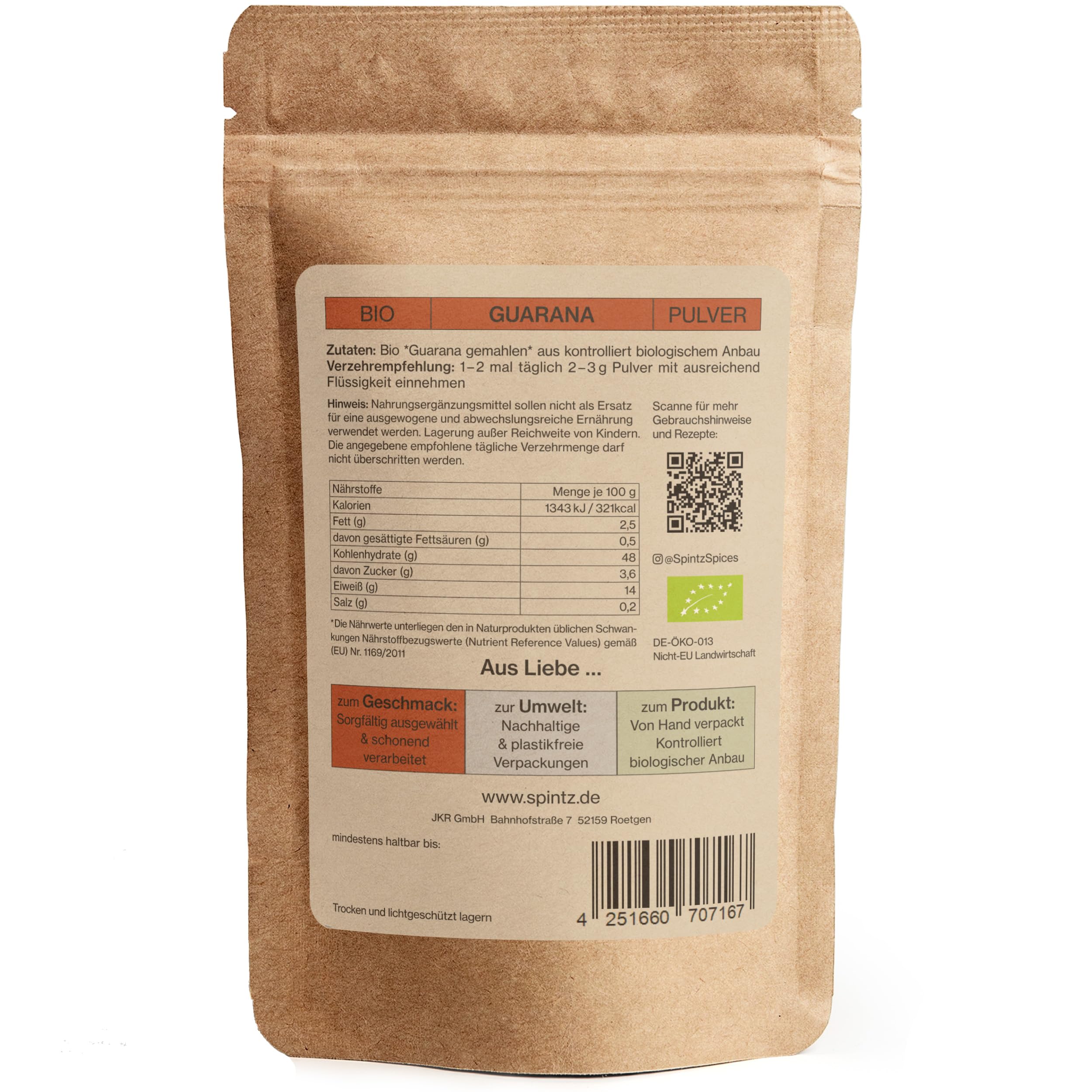 SPINTZ® 1000g Bio Guarana Pulver - Pulver für Guarana Getränk - Guarana Pulver Bio – natürliches Guarana Koffeinpulver hochdosiert - Vegan - plastikfrei verpackt