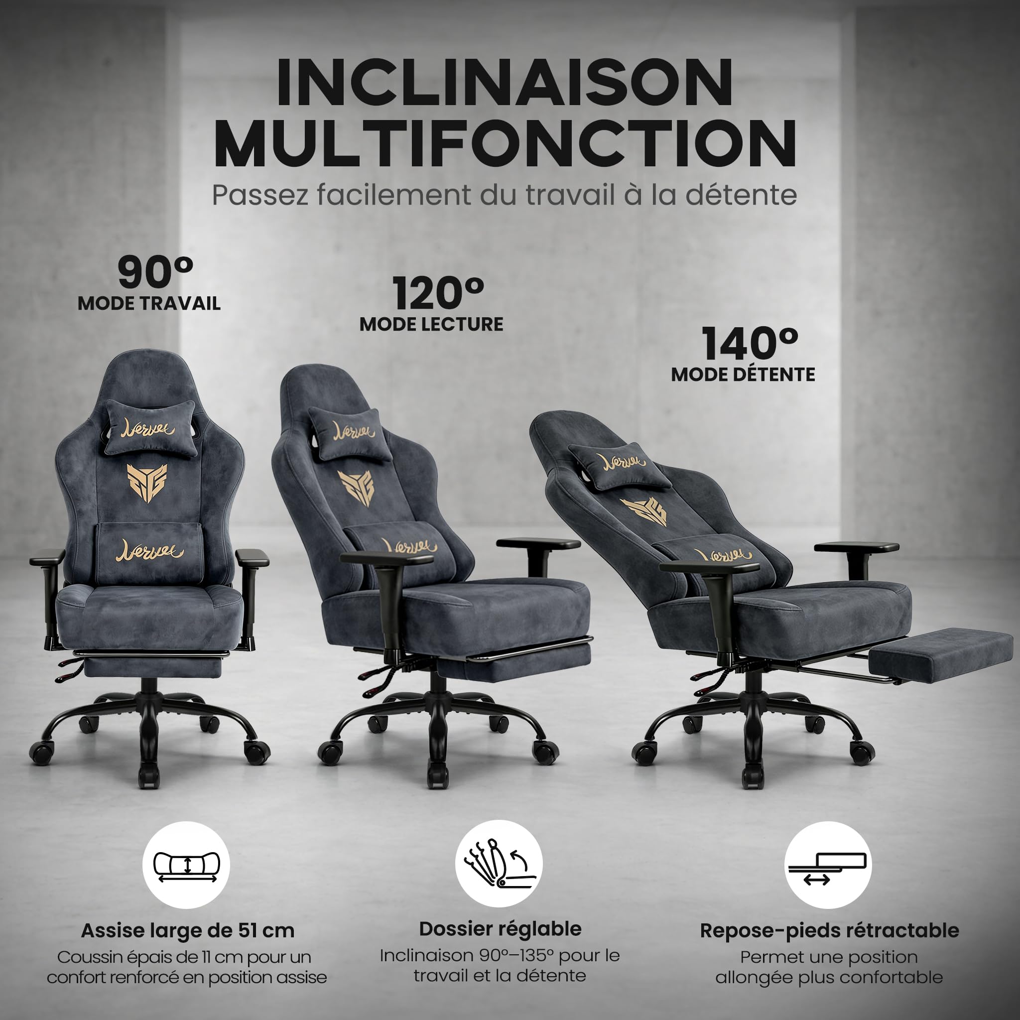 Fauteuil Chaise Siege Gaming Ergonomique-Chaises de Gamer avec Appui-Tête et Support Lombaire Repose-Pieds Rétractable Inclinaison du Dossier de 80 à 140° Capacité de Charge de 220 Kg