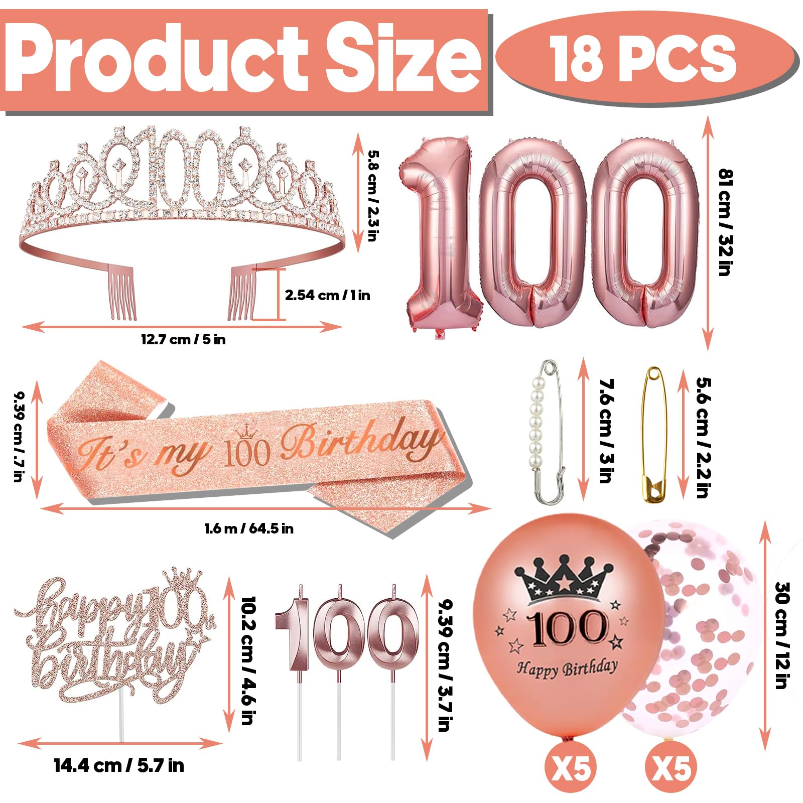 100th Birthday Sash and Tiara for Women, 100th Birthday Sash, 100th Birthday Crown, 100th Birthday Cake Topper, Balloons, Pin and Candle Set, Rose Gold