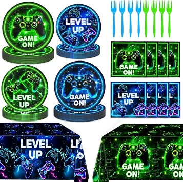 Video Game Birthday Decorations - Neon Level Up Game Tableware Includes Plates, Napkins, Cups, Forks, Tablecloths for Boy Gamer Birthday Party, Serves 24