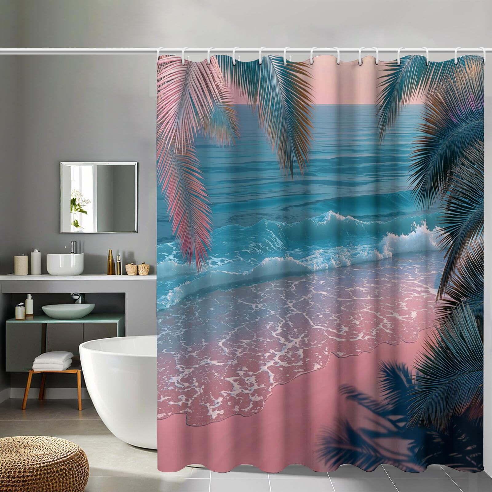 Rideau Douche,Rideau Baignoire Lavable en Machine Rideaux Douche Tissus Lavable Rideau De Baignoire Lavable pour Salle De Bain Domicile Baignoire Famille,Plage De Coconut Tree,