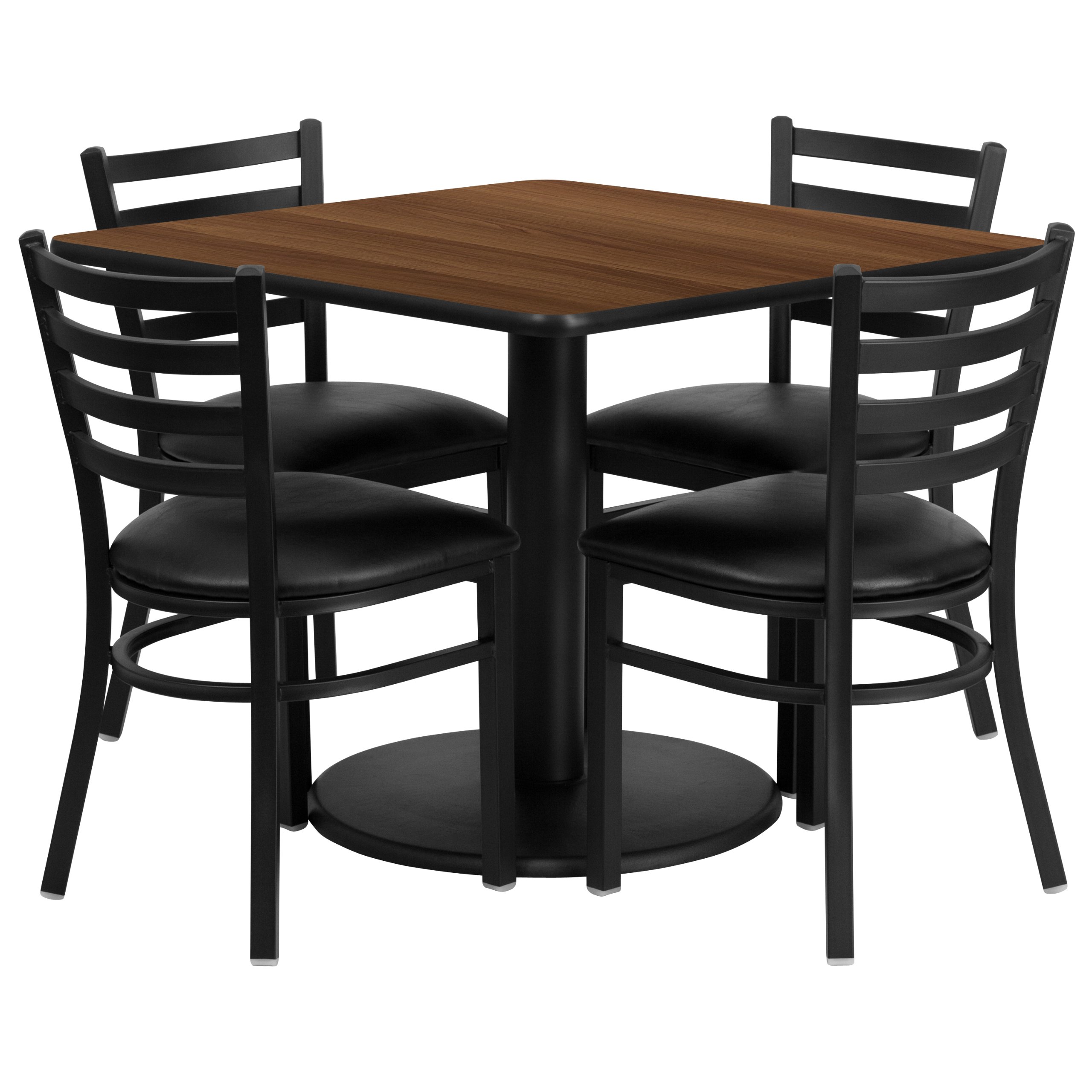 Flash Furniture Jamie 36'' Square Walnut Laminate Table Set with Round Base and 4 Ladder Back Metal Chairs - Black Vinyl Seat