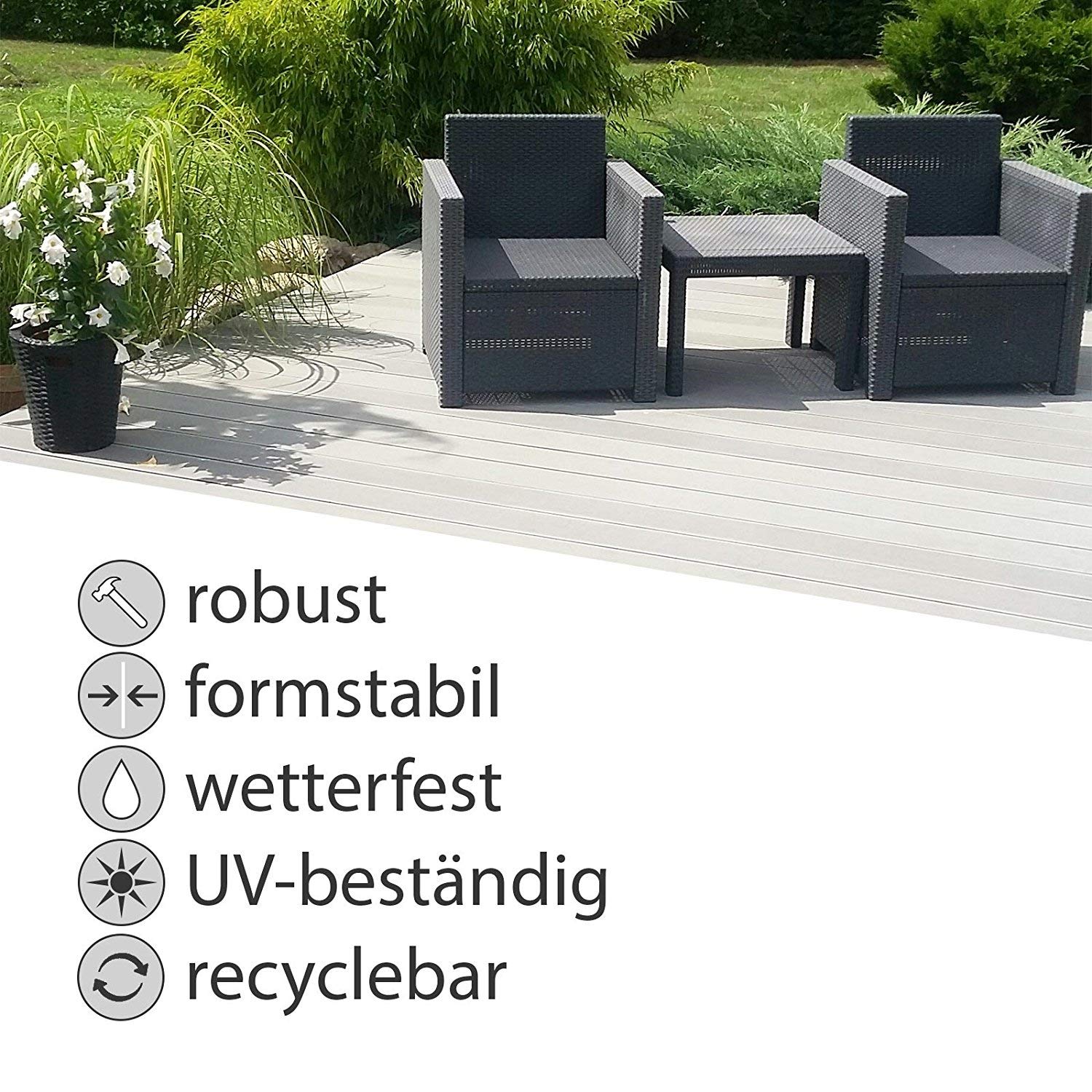 WPC Terrassendielen Massiv Dielen - Komplett-Set Dunkelbraun | 10 m² (5m x 2m) Holz-Brett Dielen | Boden-Fliesen + Unterkonstruktion & Clips | Balkon Boden-Belag + rutschfest + witterungsbeständig