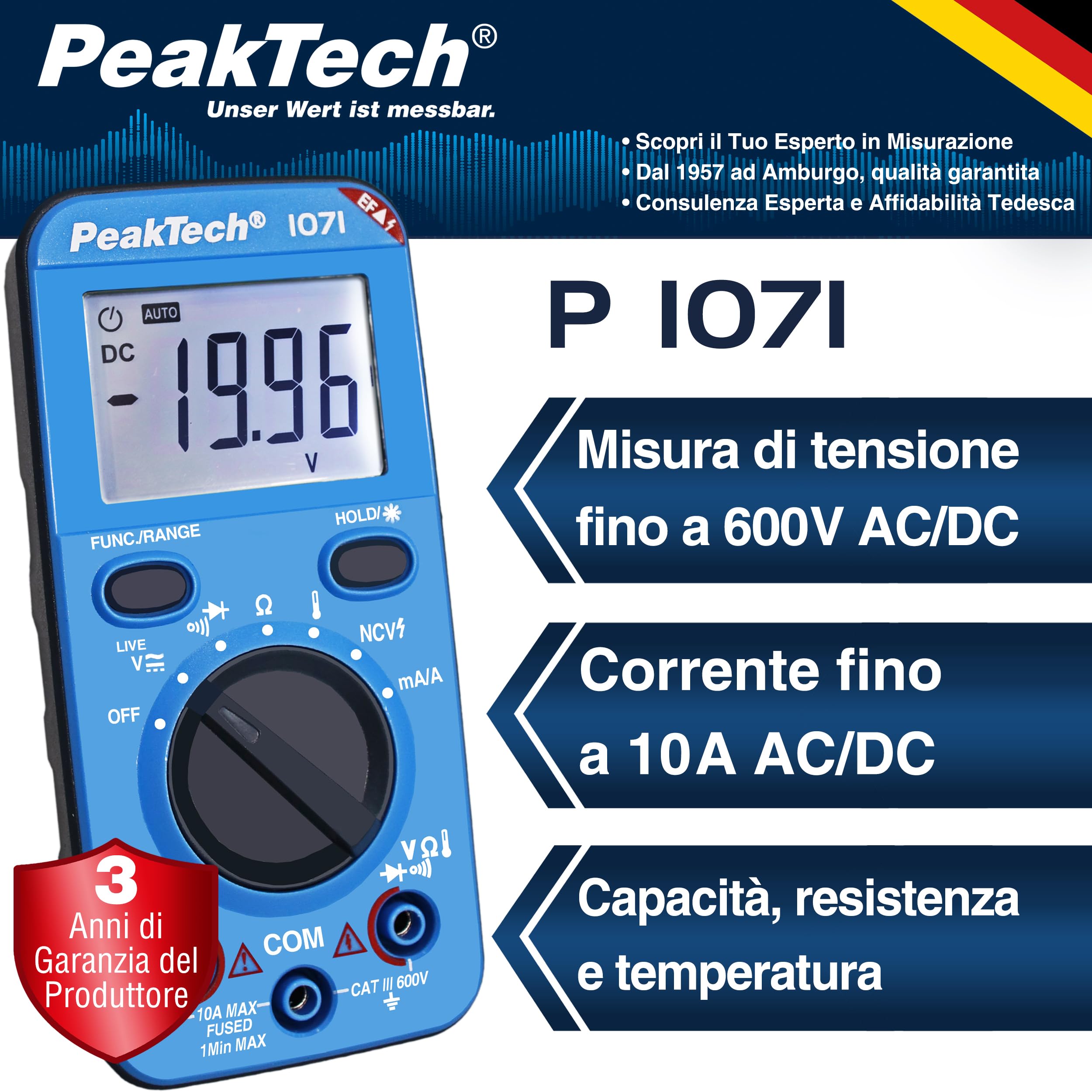 PeakTech P1071 - Multimetro digitale 10A AC/DC con funzione Auto-Range - Multimetro digitale di alta qualità con display LCD a 2.000 conteggi - Robusto amperometro fino a 600V - CAT III 600V