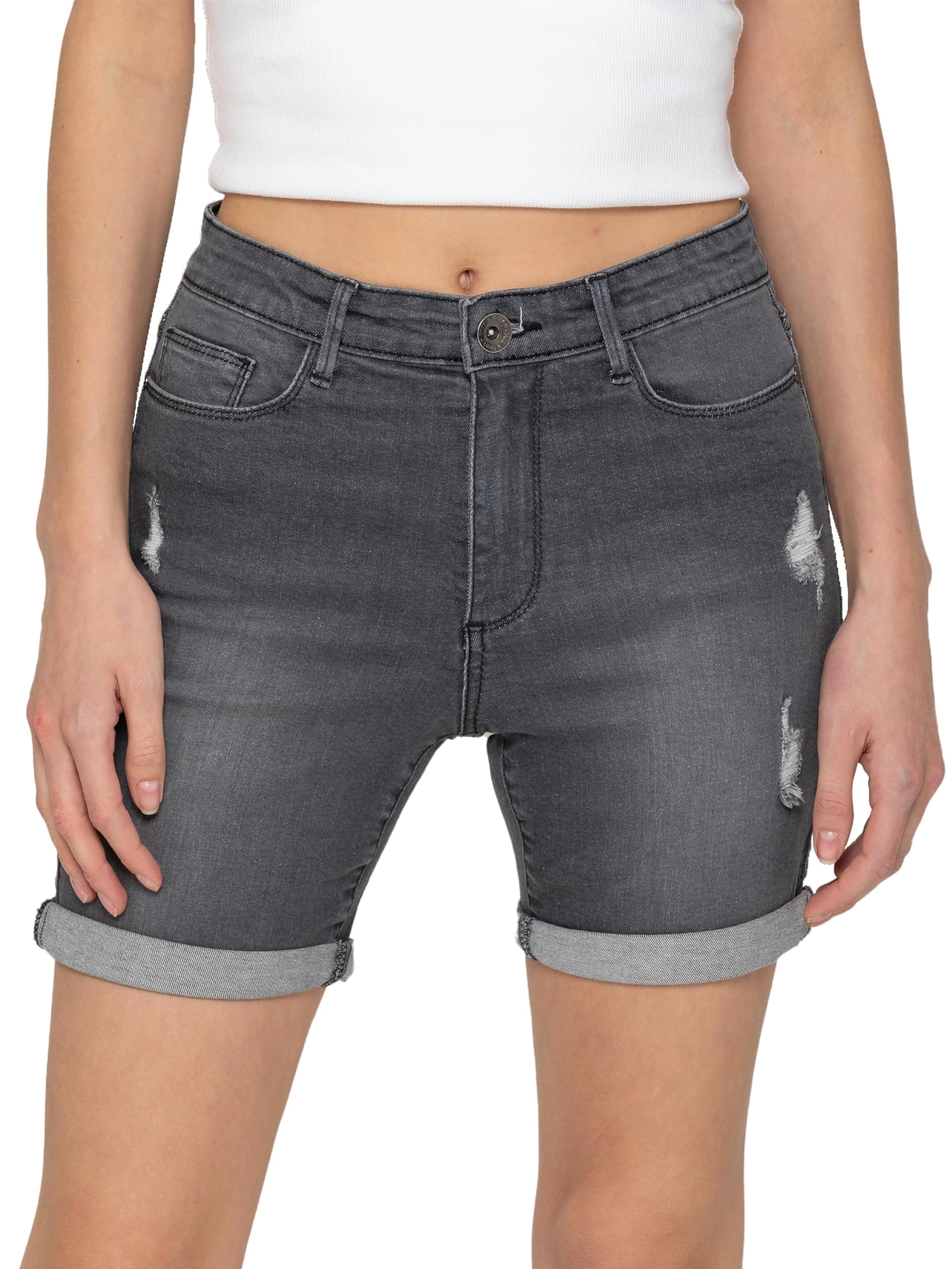 989Zé Enzo Women's Grey Denim Shorts Skinny Stretch Casual Ripped Turned Up Hem Short Hot Pants With Pockets (Uk, Numeric, 6, Regular, Regular, )
