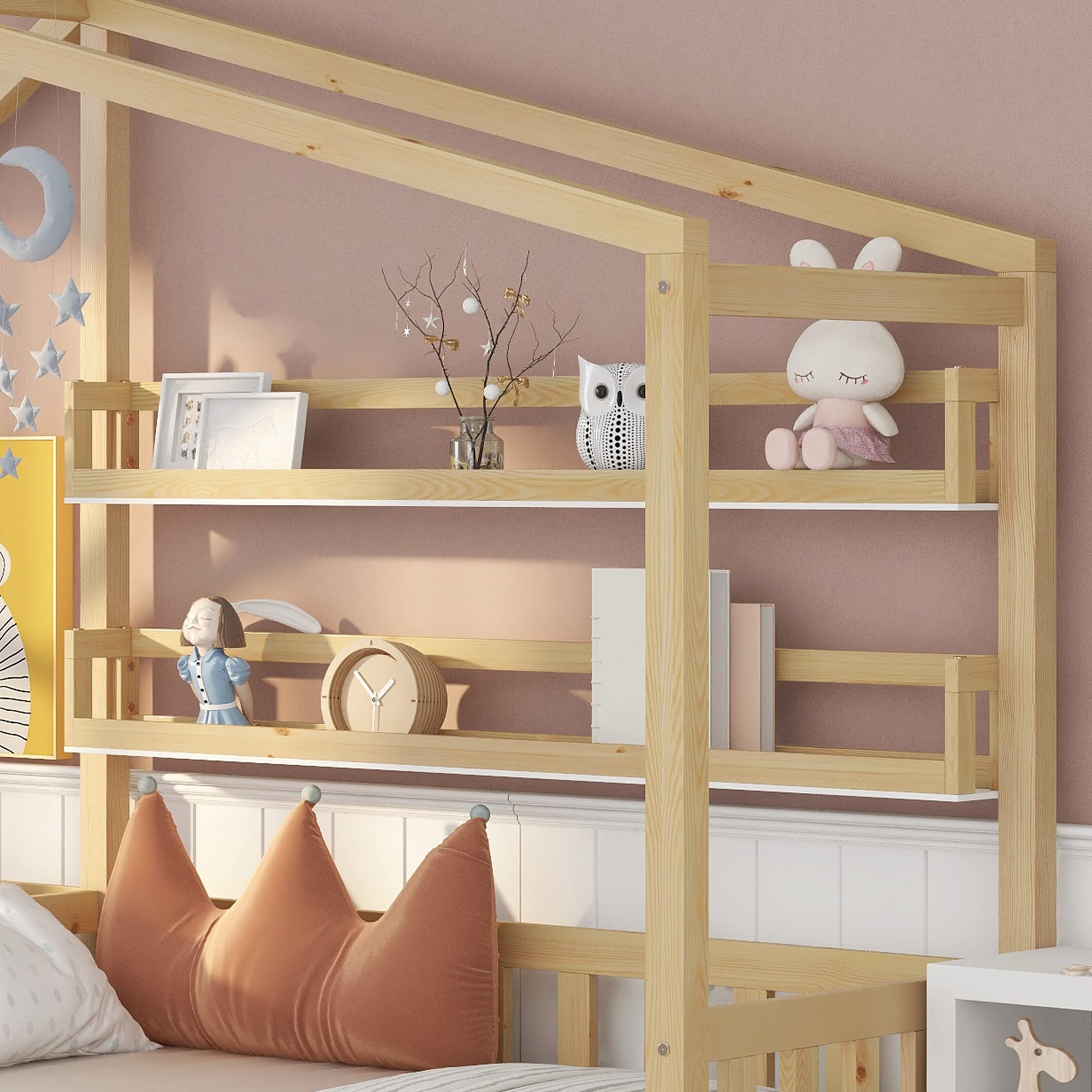 Letto a Forma di Casa per 2 Bambini 90x200 cm E 140x70 cm, Letto Matrimoniale con Cassetti e Ripiani, Legno Massello con Rete e doghe, Struttura a L, per Ragazzi e Ragazze, Naturale