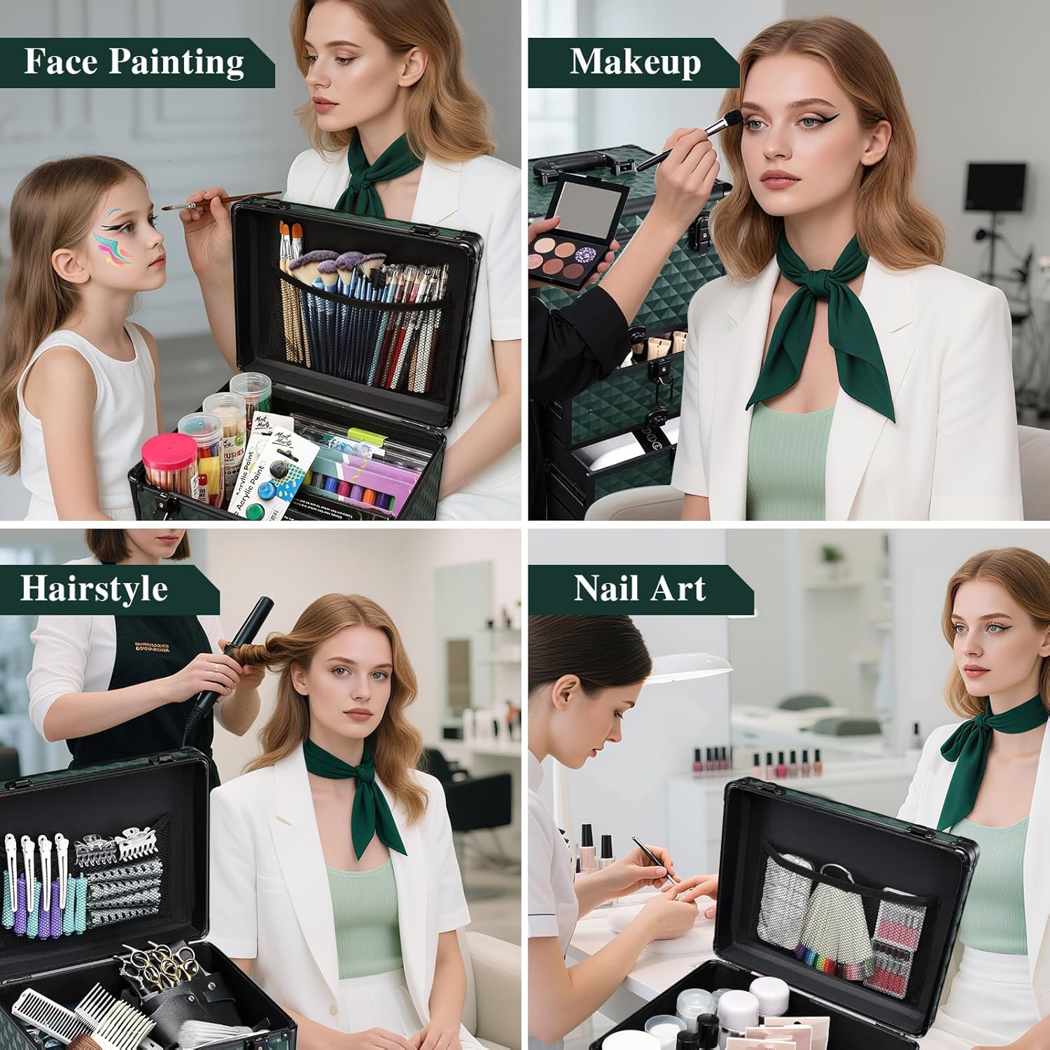 Valise de Maquillage à roulettes, Malette Professionnelle pour Onglerie et Coiffure avec 4 Tiroirs et Système de Verrouillage, Vert foncé - 2