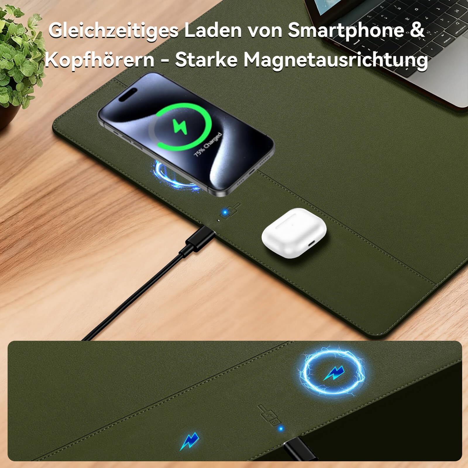 Tappetino per mouse di ricarica wireless con funzione di ricarica rapida da 15 W, magnetico, dimensioni 60 x 40 cm (23,4" x 15,6") con superficie ultra liscia, colore: grigio verde per MacBook, PC e