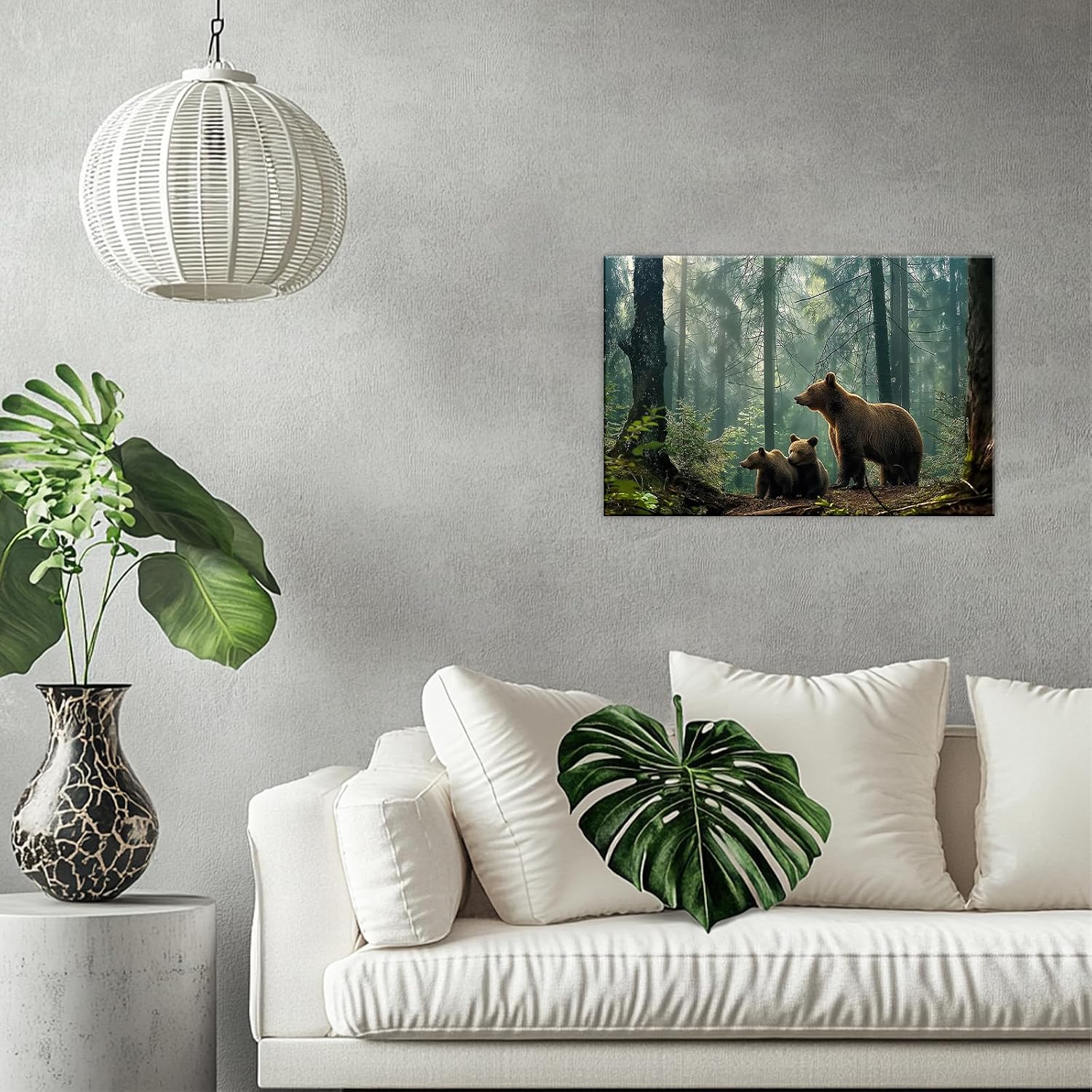 Bear Wall Art Bear Family Canvas Print Forest Animal Painting Print Natural Landscape Poster Framed Artwork Home Decoration Ready To Hang(Artwork-2,24"x36")