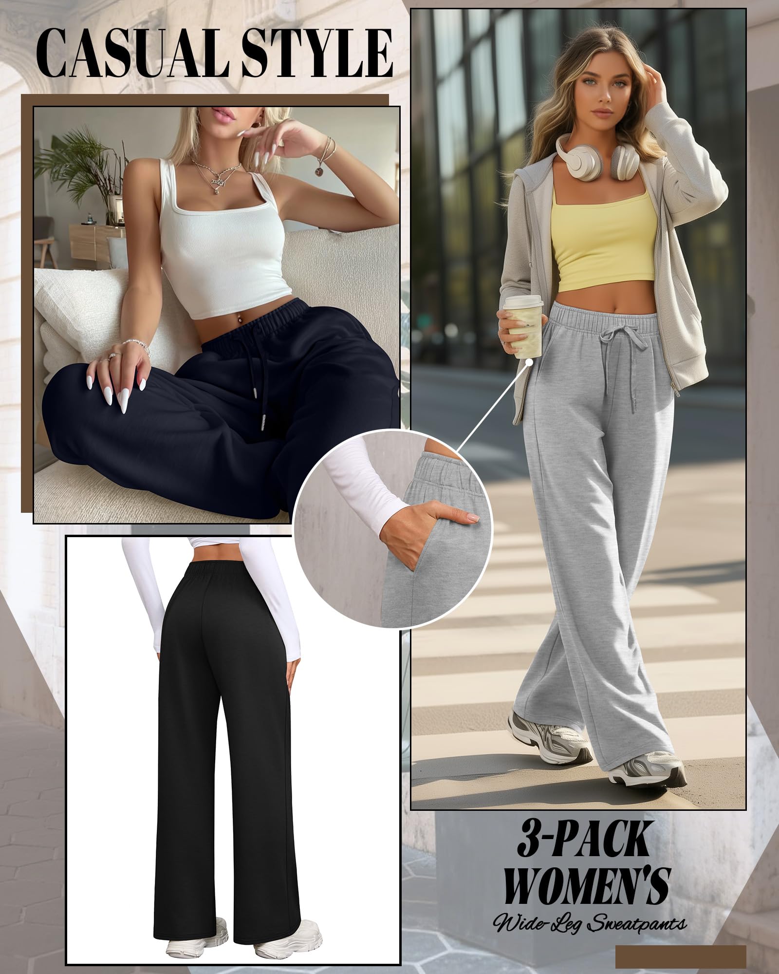 Riyiper Confezione da 3 Pantaloni da Tuta a Gamba Larga da Donna con Coulisse Dritti Vita Elastica Jogging e Tasche