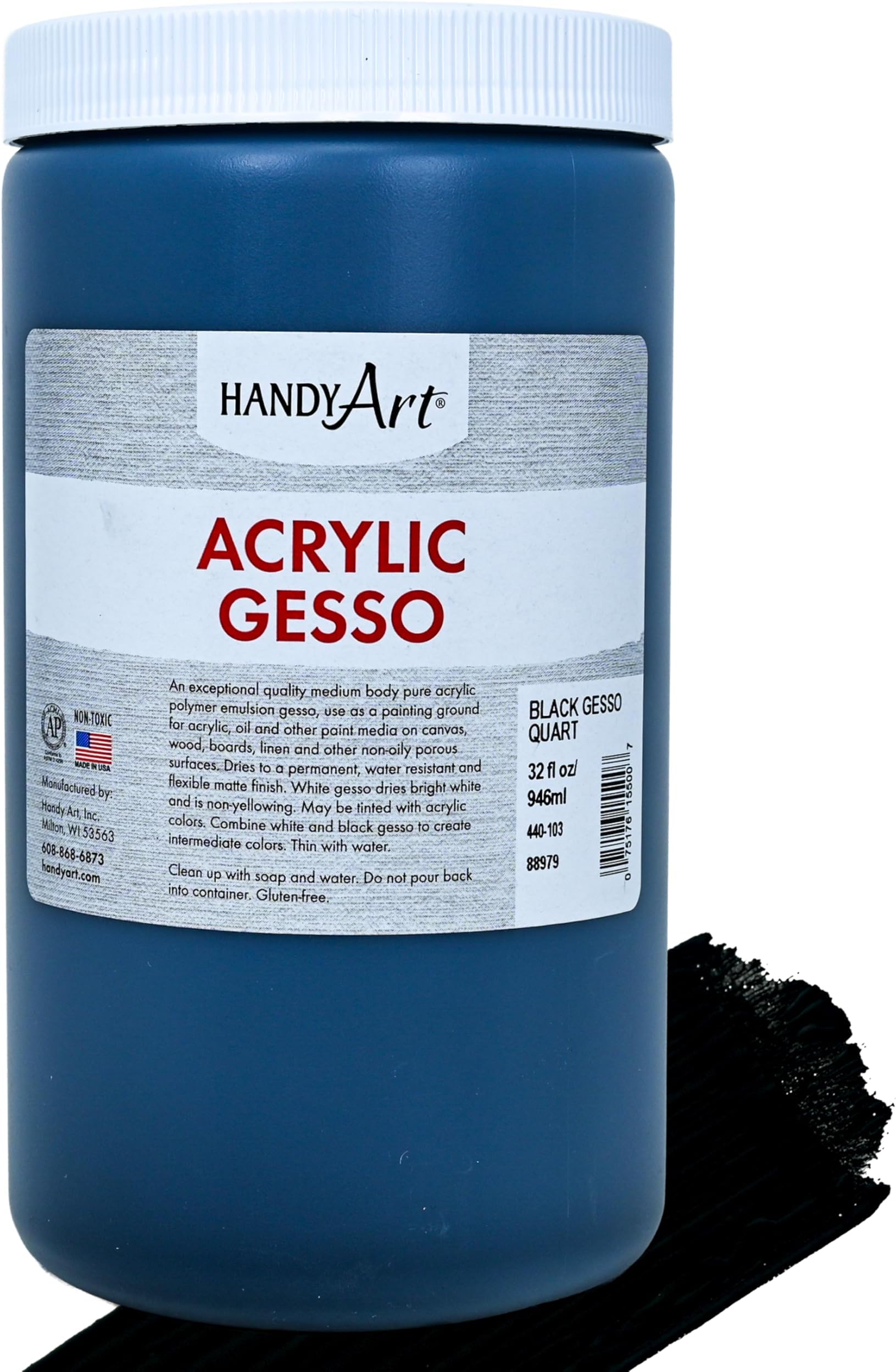 Acrylic Gesso, 32 oz, Black, Primer for Canvas, Wood, & Artist Painting Surfaces, Enhances Acrylic Paint Adhesion, Low Viscosity, Thick Coverage, Certified Safe & AP Non-Toxic, Made in US
