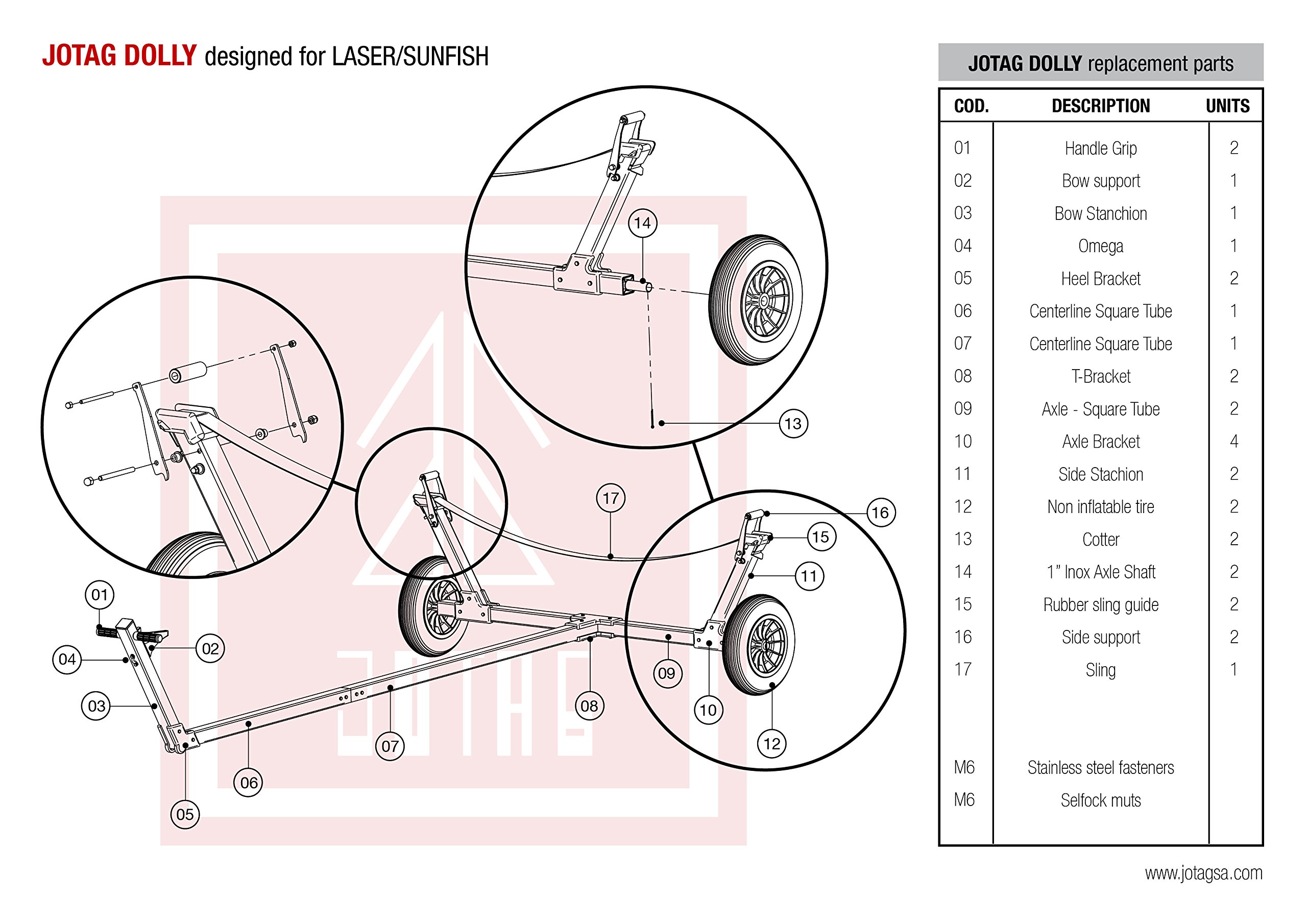 Nautos Laser or Sunfish Dolly - Jotag - Aluminum Square Tubes.