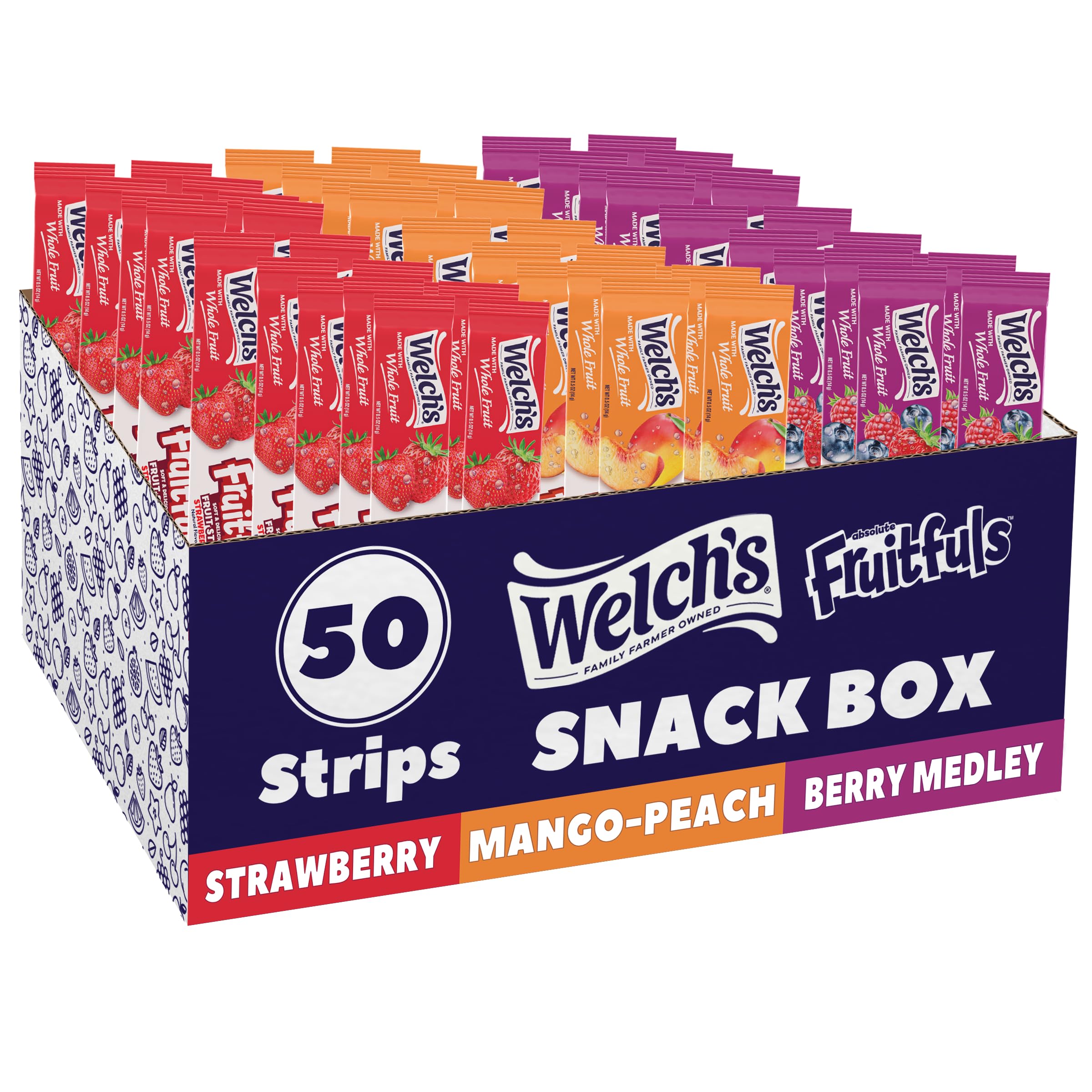 Welch's Absolute Fruitfuls paski owoców, smaczne przekąski z suszonych owoców na lunch szkolny, jagodowa składanka, brzoskwinia mango, truskawka, 15 ml (opakowanie 50 szt.)