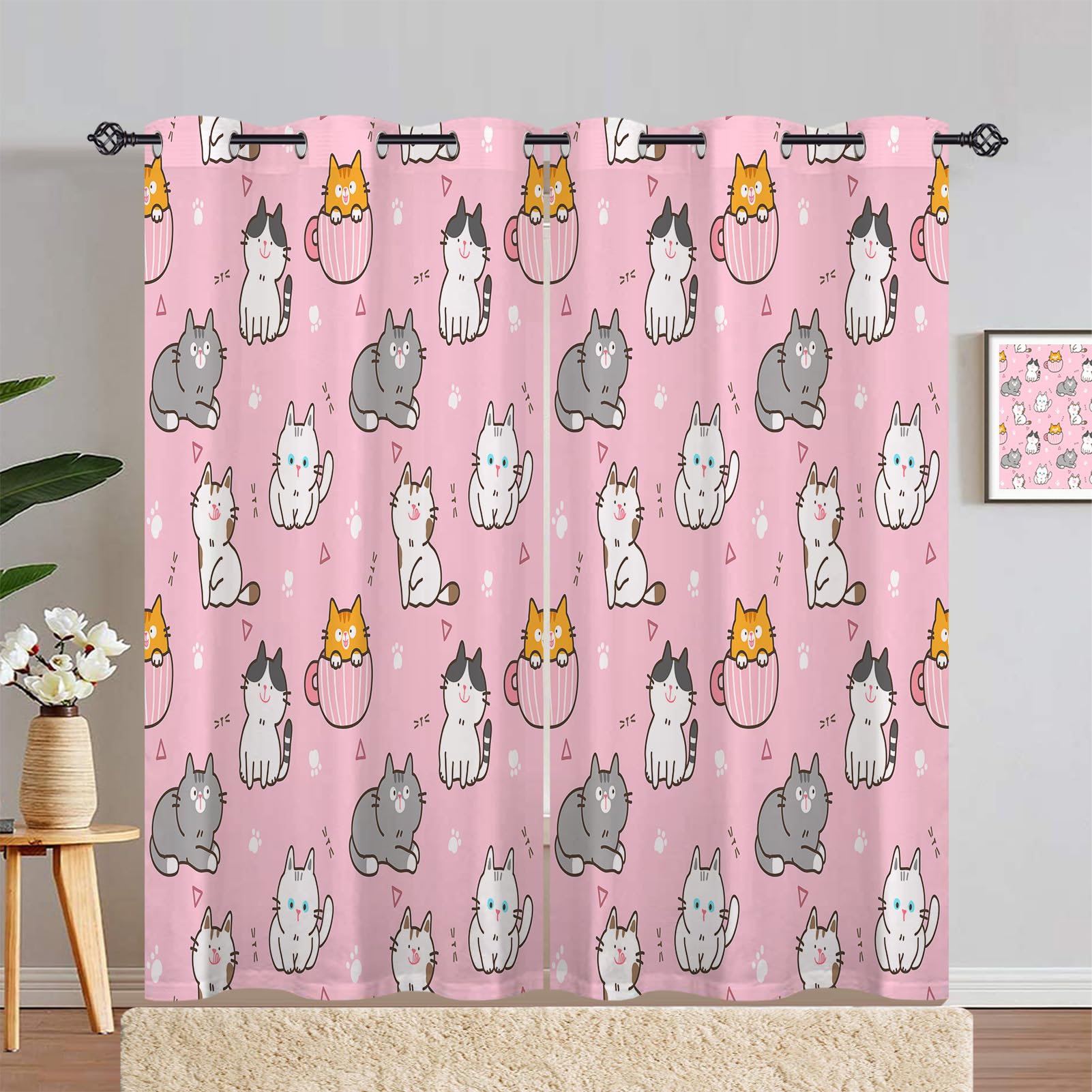 ANHOPE Cat Curtains Eyelet 80% Blackout Room Darkening Curtains Cute Cartoon Animal Cat Print Pattern Thermal Light Blocking Window Drapes for Kids Bedroom Living Room 55 x 90 Inch Drop 2 Panels — image 1