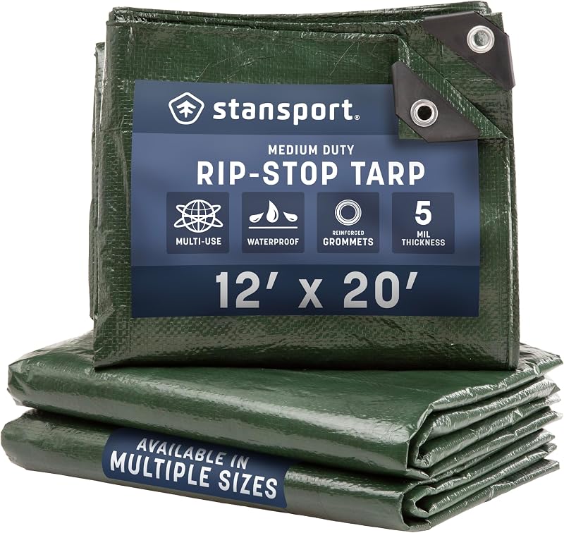 Stansport Medium-Duty Rip-Stop Tarp 12' x 20' - Dark Green (T-1220) - Medium Duty Waterproof for Outdoor Camping - 5 Mil Thick, Durable and Reliable Cover for All Your Camping Needs